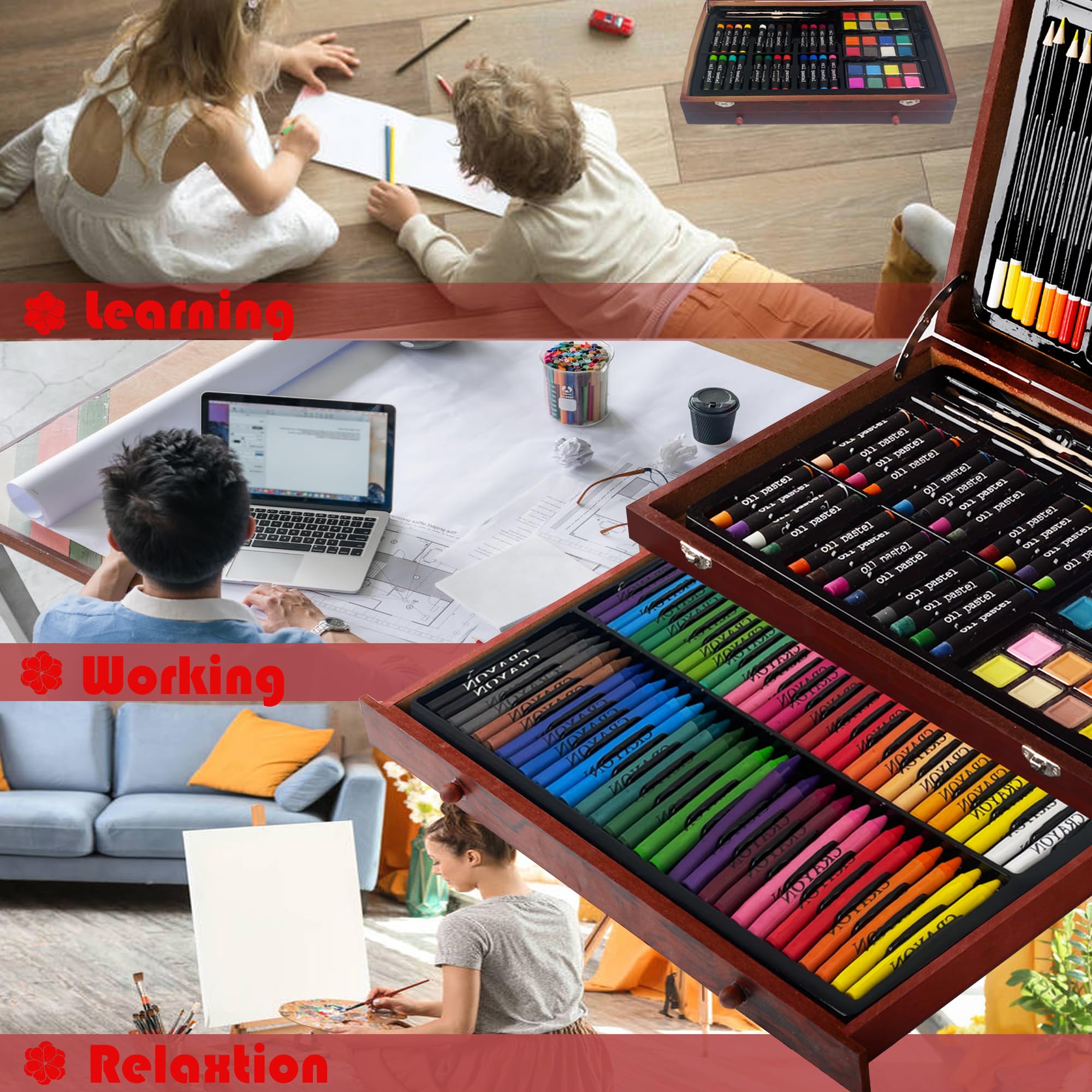 KINSPORY Maletin Pinturas para Niños, 146 piezas Juegos de Dibujo, Pinturas para Niños, Lapices de Dibujo (marrón)