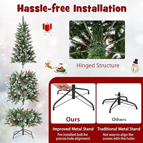 Miniatura 5 de Happygrill Árbol de Navidad artificial preiluminado de 6 pies, árbol de Navidad artificial delgado con 300 luces LED y 618 puntas de rama, bayas