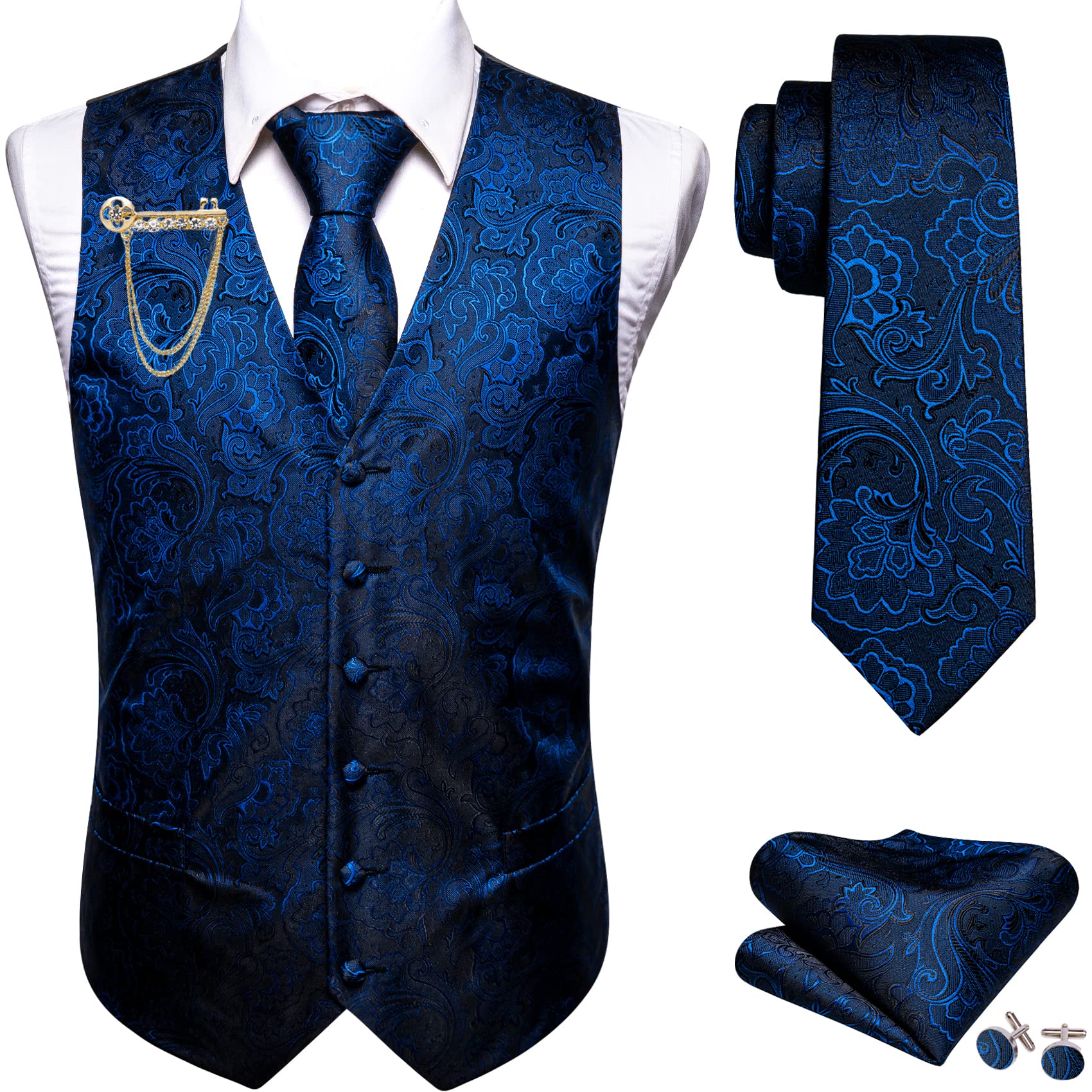 Barry.Wang Mens Suit Vest Floral Silk Waistcoat Ties Formal/Leisure 5PCS