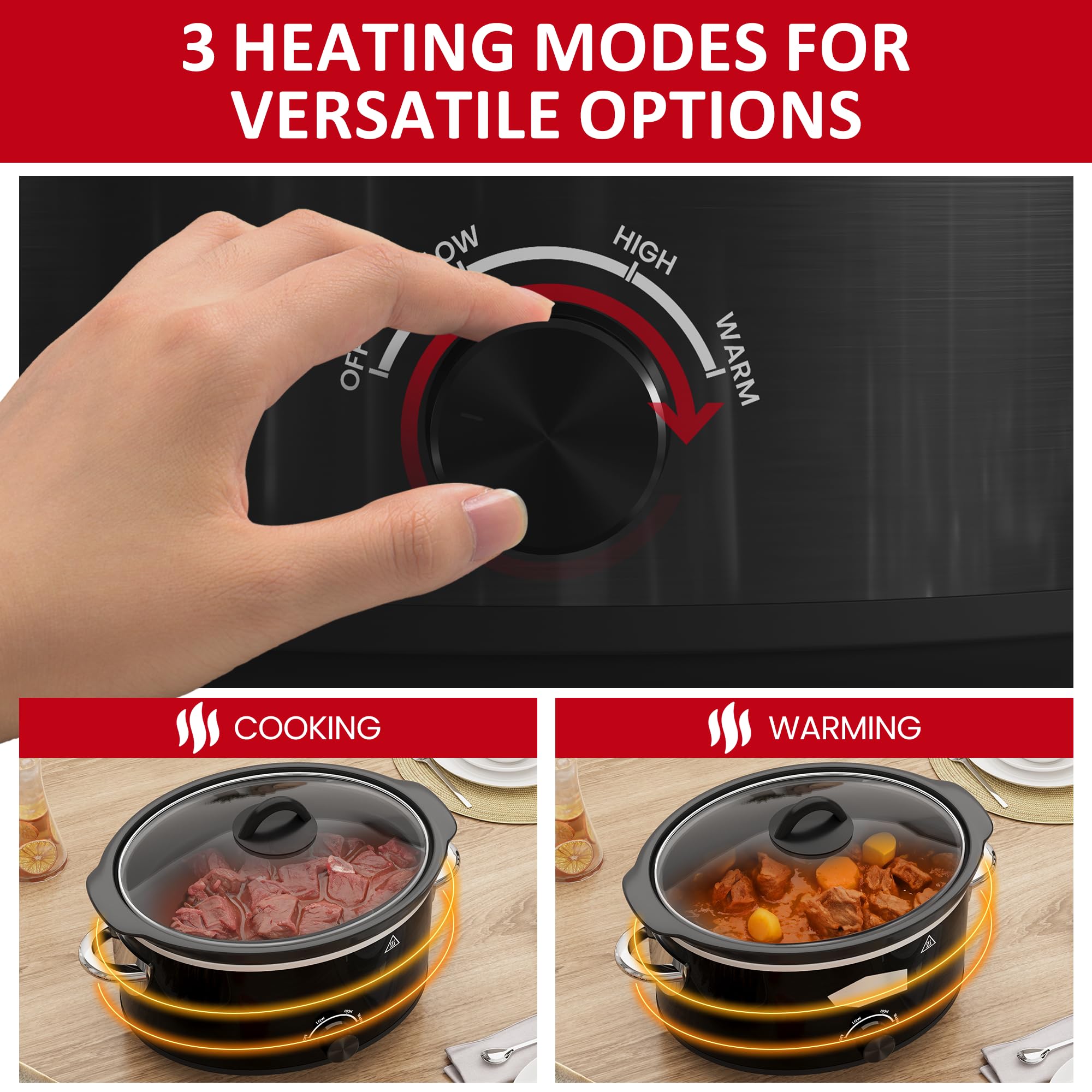 4 QT Slow Cooker, Kiss the Water Buffet Server and Warmer with 3 Heating Modes, Compact Slow Cooker, Dishwasher-Safe Removable Ceramic Pot & Tempered Glass Lid, Stainless Steel, Black