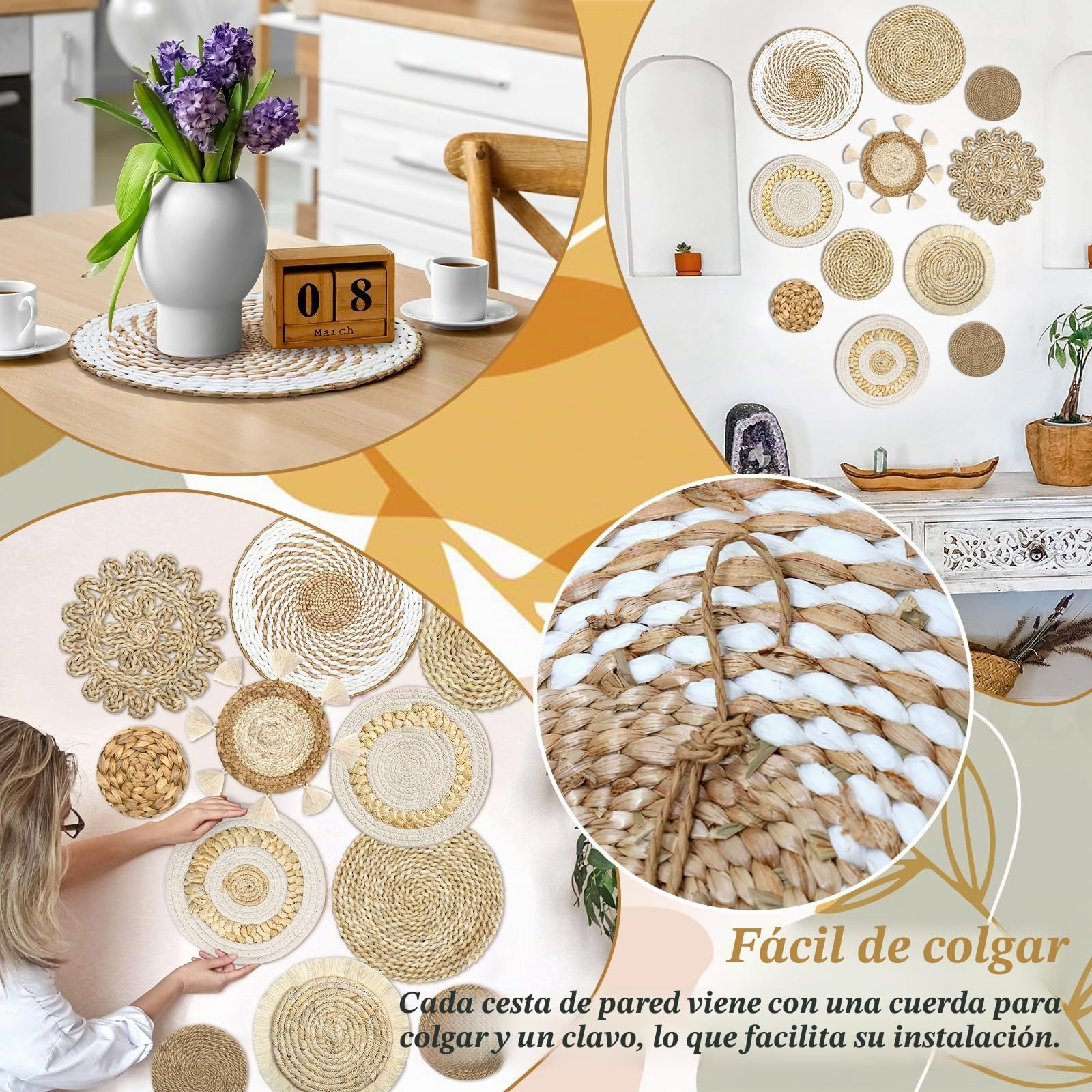 ASTNIC Juego de 11 cestas de pared bohemias para colgar en la pared, juego de decoración de ratán, cestas redondas de tejido bohemio, rústicas con borlas, macramé, cestas tejidas a mano, decoración de