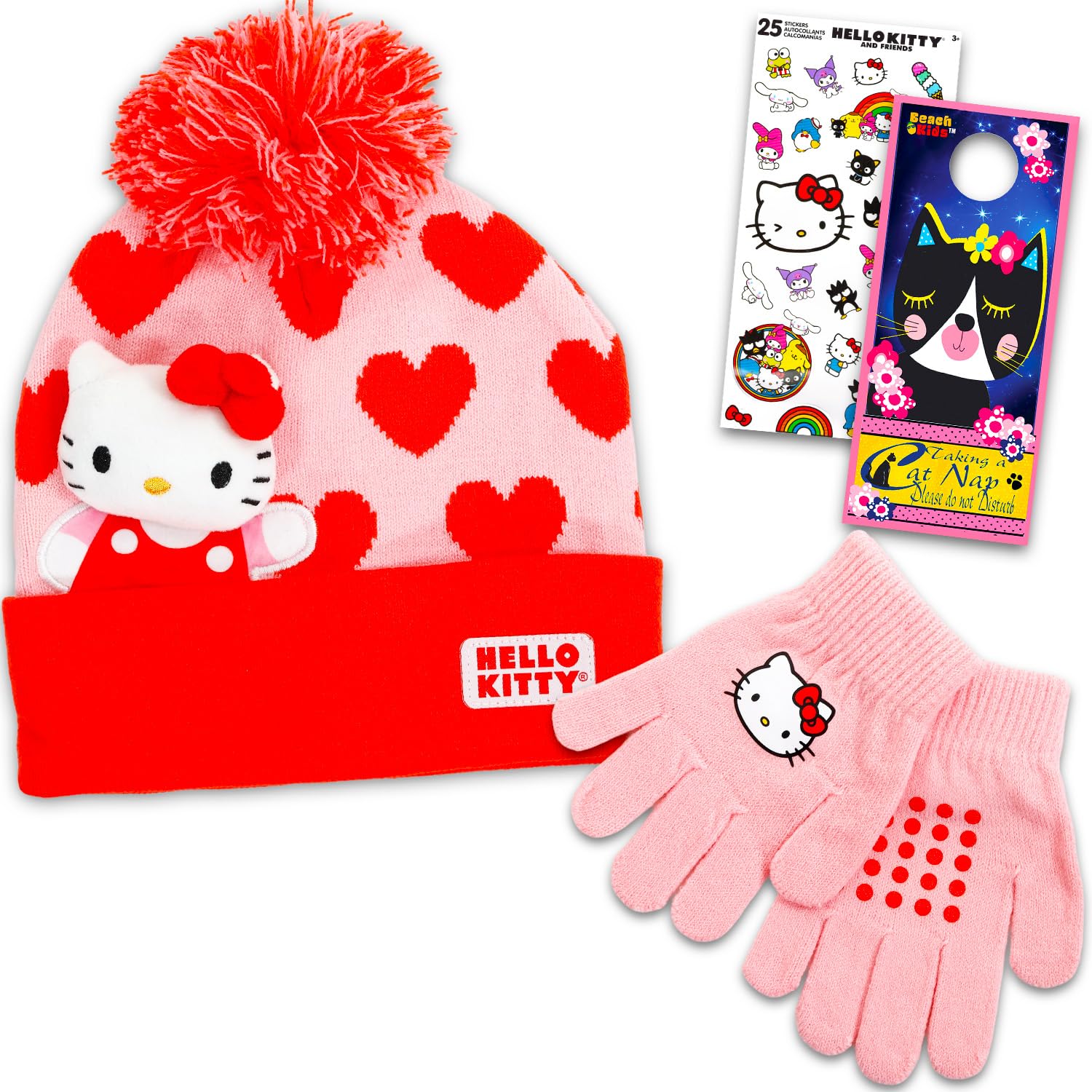 Hello Kitty Winter Hat and Gloves Set - Bundle with Knit Beanie, Mittens, Stickers, More | Kitty Cold Weather Gear for Girls