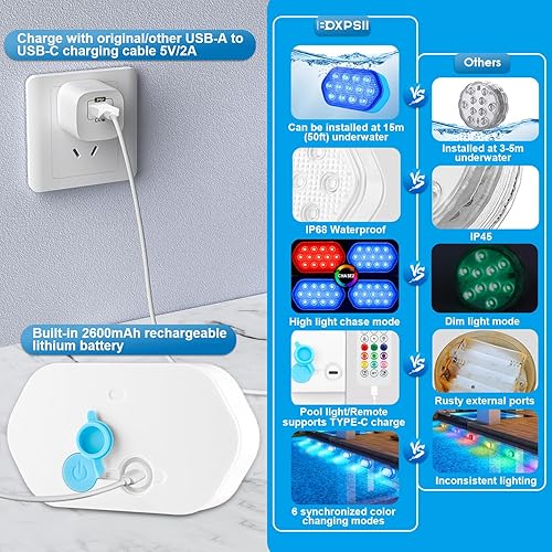 Miniatura 5 de Luces de piscina, luces LED sumergibles recargables, IP68, impermeable, 16 colores, luz flotante magnética con control remoto recargable, luz de