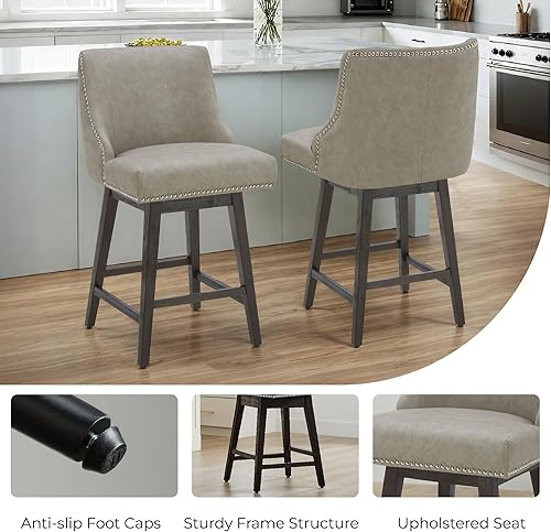 Miniatura 5 de CHITA Taburete de bar giratorio de altura de mostrador, taburete de bar tapizado de 26 pulgadas de altura del asiento, piel sintética en gris piedra