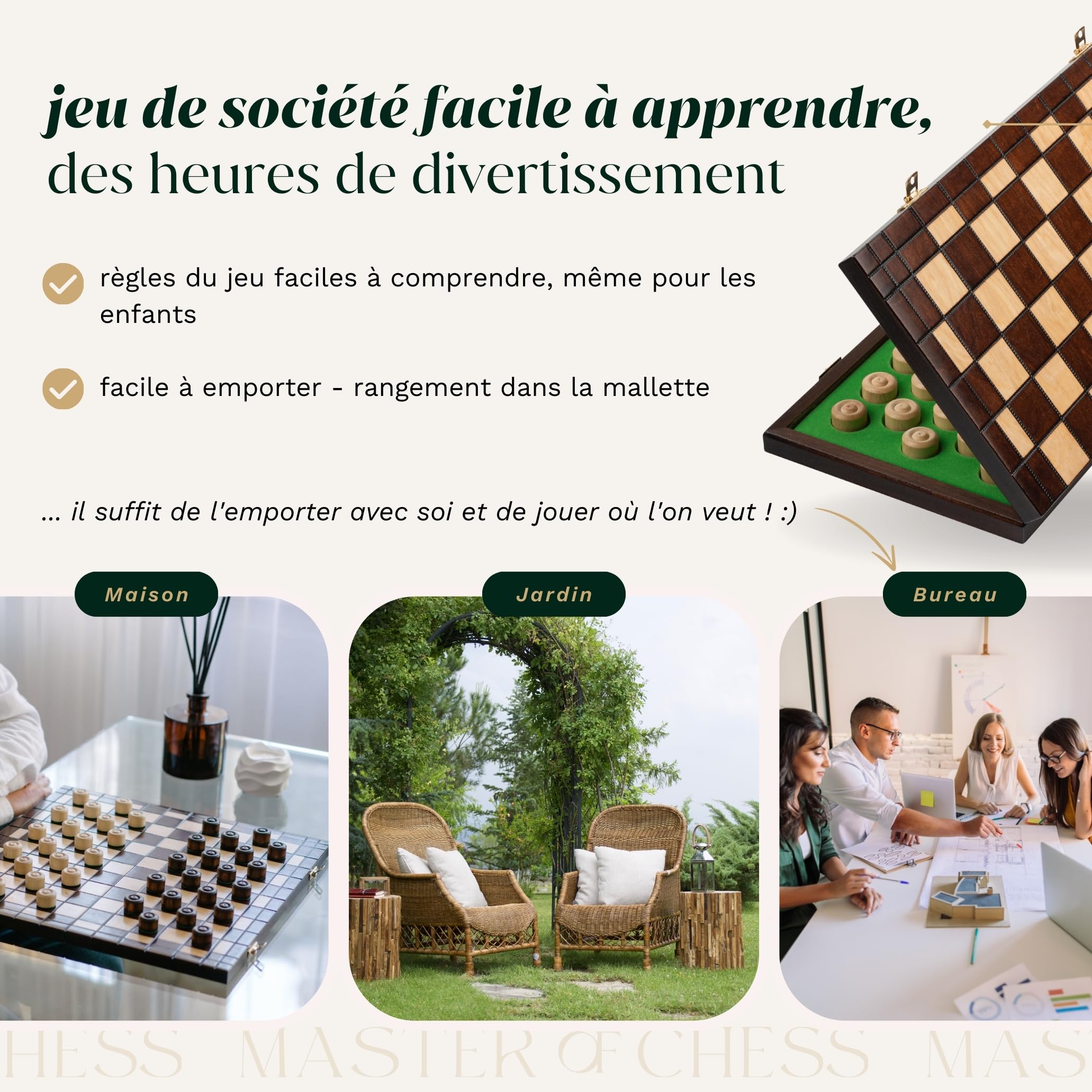 Master of Chess Dames Bois et avec Pieces 39 cm - Fait Main Jeu de Dame Voyage Pliable - Grand Jeux de Dame pour Enfants et Adultes - Pions en Bois de Charme