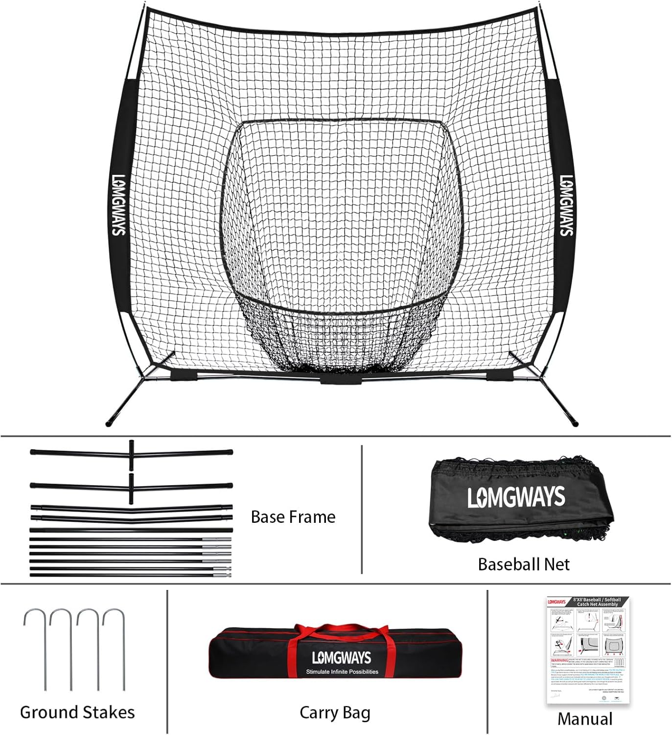 7x7ft/8x8ft Baseball Softball Net with Steel Frame for Batting, Hitting, Pitching, Portable Baseball Batting Net with Carry Bag, Great for All Levels