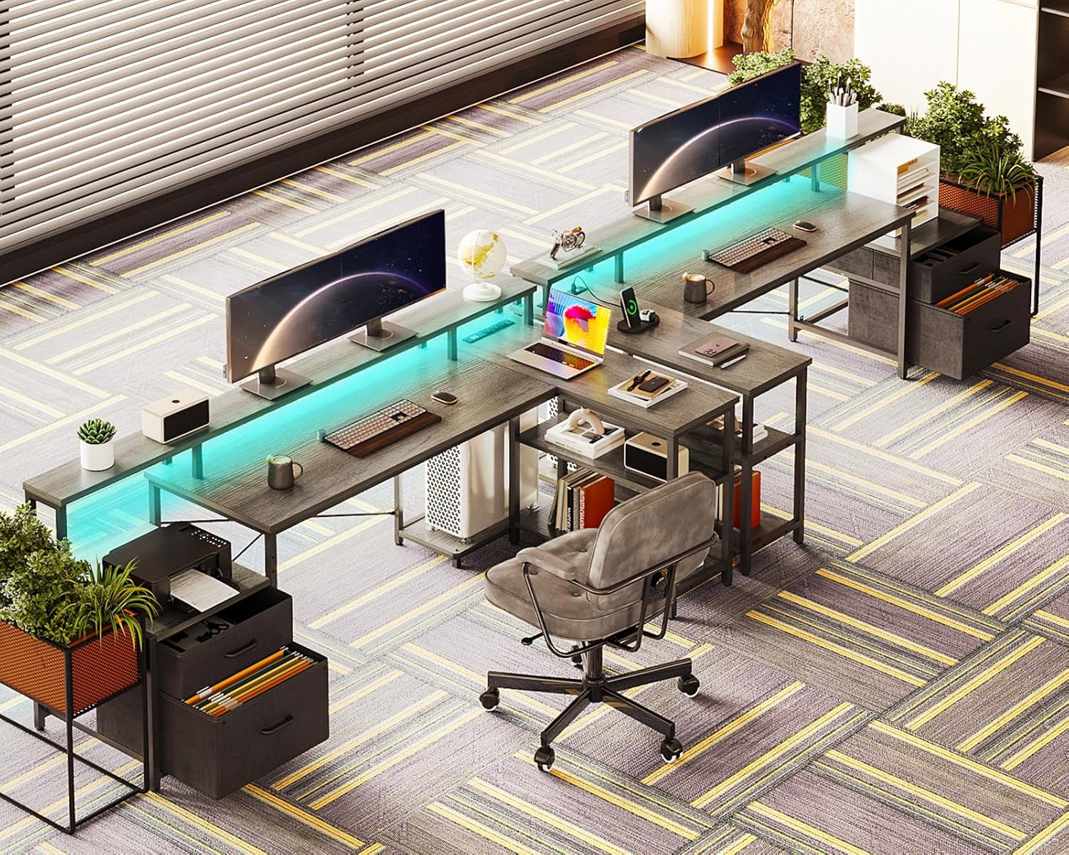 ODK L Shaped Desk with File Drawer, 75" Reversible L Shaped Computer Desk with Power Outlet & LED Strip, Office Desk with Storage Shelves & Monitor Shelf, Corner Desk, Grey Oak - Image 7