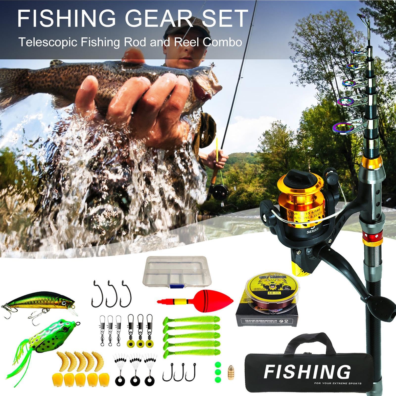 Canna Da Pesca Telescopica Set Completo Portatile Con Borsa | Canna Da Pesca E Mulinello Per Padri, Principianti, Adulti, Acqua E Acqua Salata, Viaggi, Attività All'Aperto E Campeggio