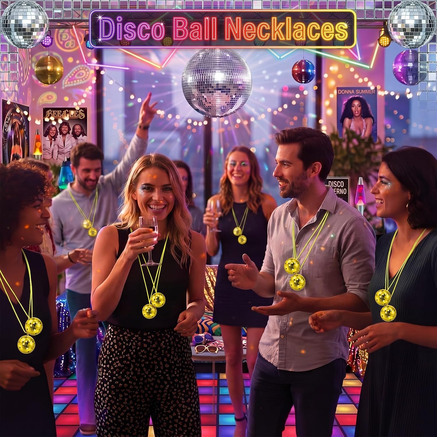 Hicarer 12 Pcs Disco Ball Necklaces 70s Disco Ball Costume Party Necklaces Assorted Color for Christmas Party Favors Decorations Gift Stage Props Birthday Game Accessories