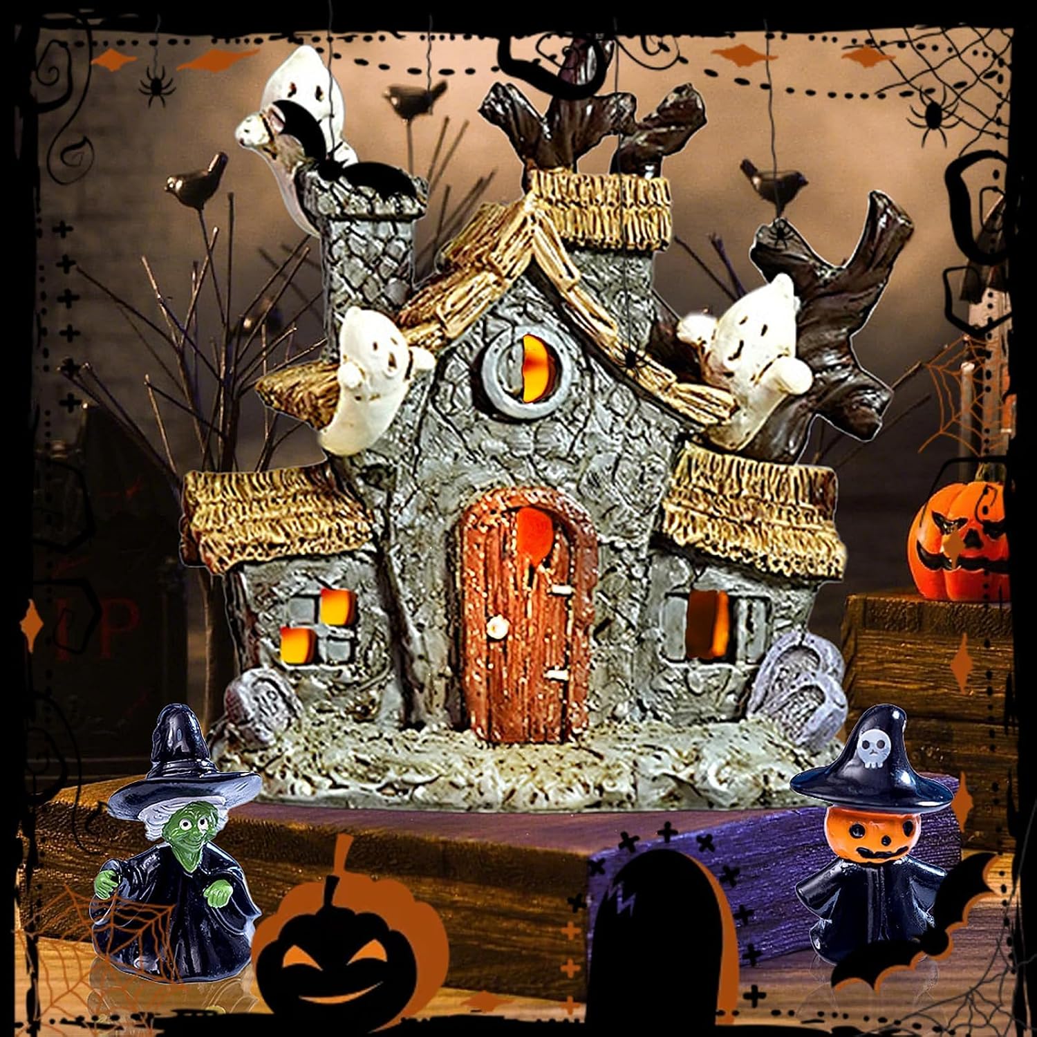Warmtree Halloween Village Haunted House, Resin Miniature Statue 5 Inch image 5