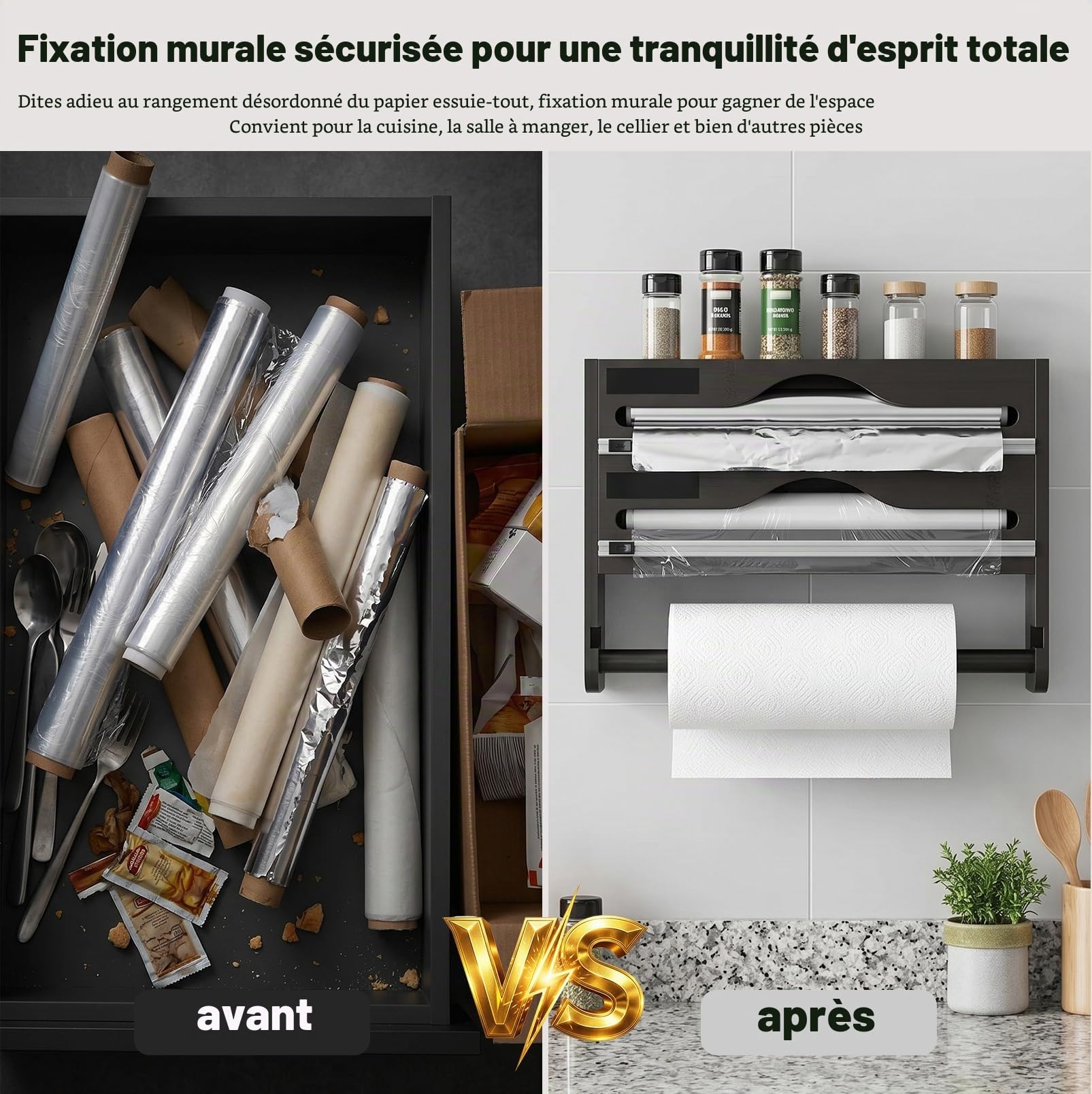Porte-Rouleau Cuisine Mural 3 en 1 en Bois, Distributeur Film & Aluminium | Porte Essuie-Tout avec Distributeur Film Alimentaire et Papier Aluminium, Rangement Mural Gain de Place pour Cuisine
