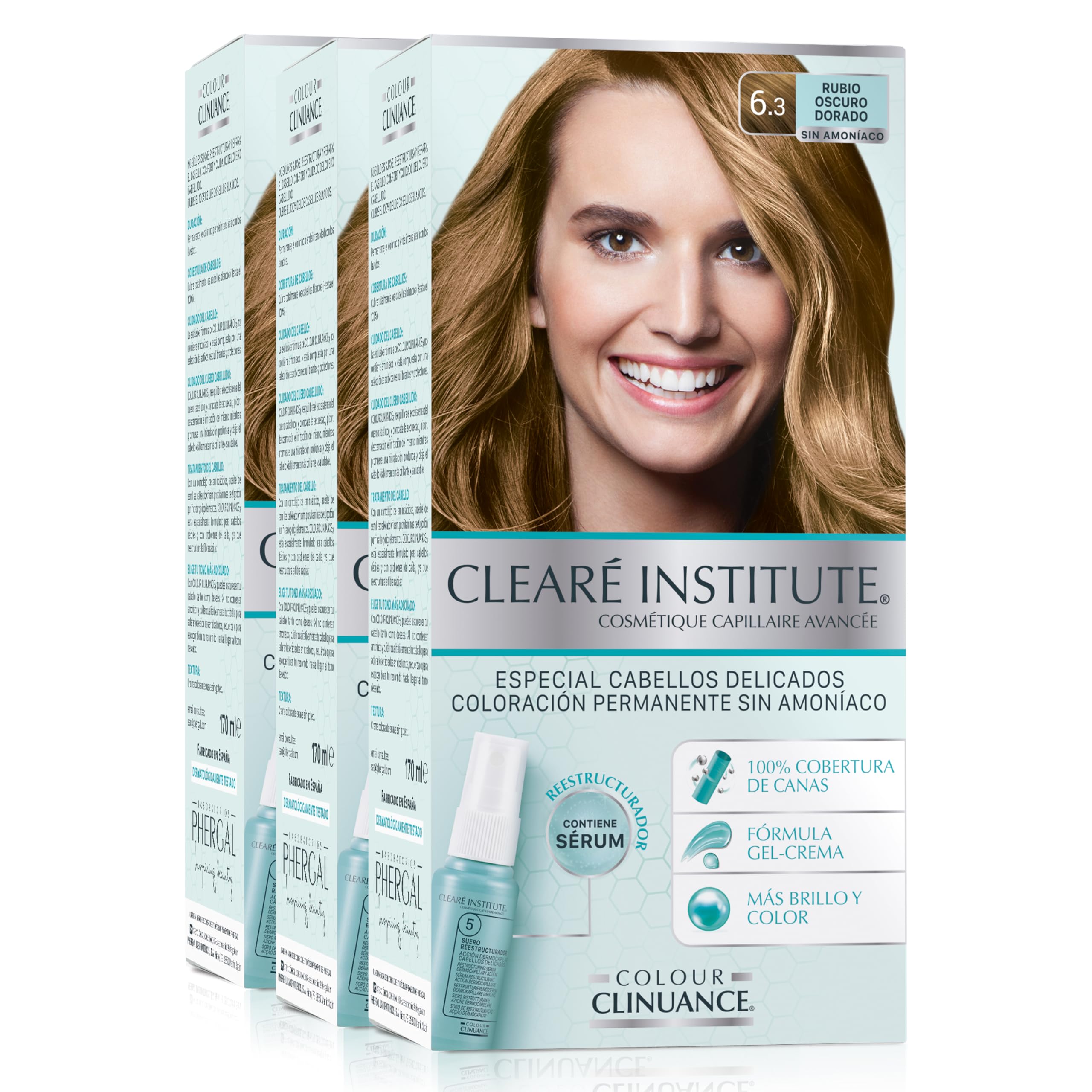 Clearé Institute | Colour Clinuance | Coloración Capilar Permanente Sin Amoniaco | Tinte de Pelo 100% Cobertura de Canas, Incluye Sérum Capilar | Método Curly | 6.3 Rubio Oscuro Dorado | Pack de 3