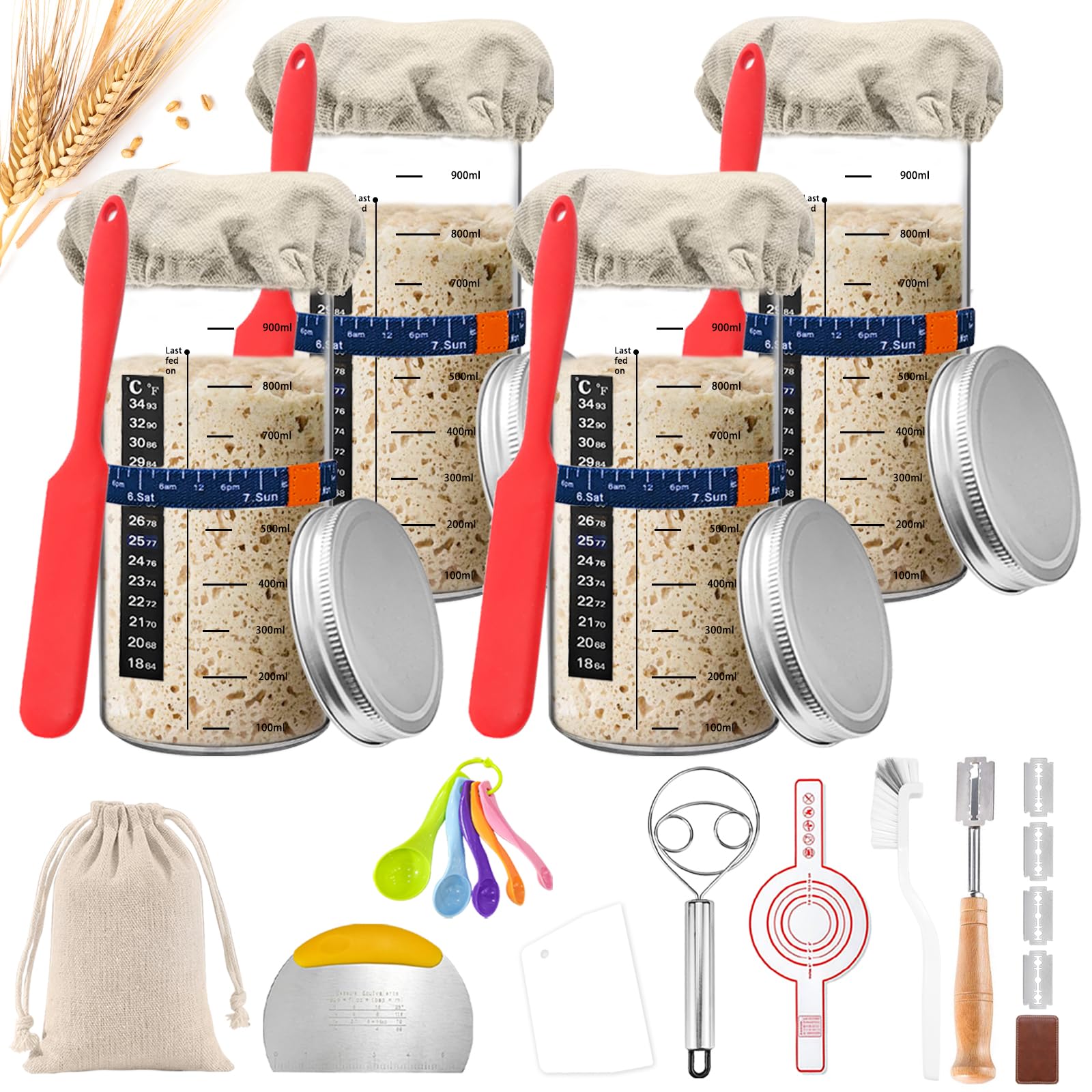 Amgkonp 4 Pack 35oz Sourdough Starter Kit,Sourdough Bread Baking Supplies Set，Sourdough Starter Jar with 9 Inch Round & 10 Inch Oval Bread Proofing Basket (35oz)