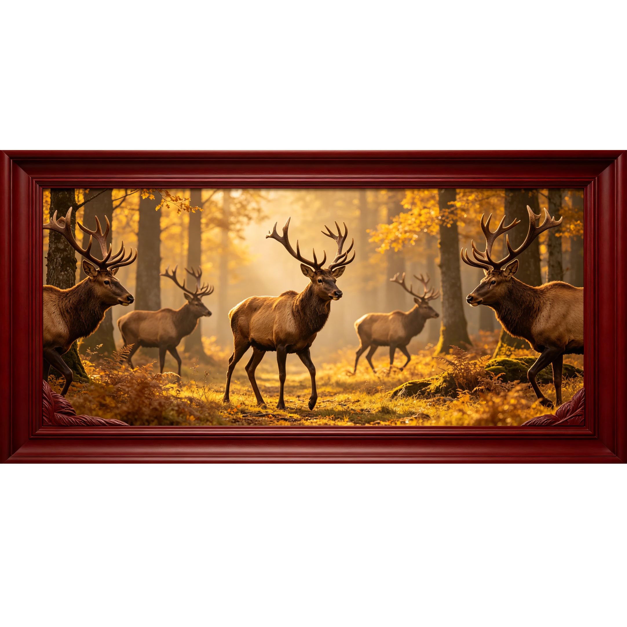 Agglomerix 3D Framed Wall Art Deer Elk Forest Landscape Golden Light Autumn Wildlife Nature Large Size SelfAdhesive Removable Wall Decor Prints Artwork for Living Room Bedroom Office