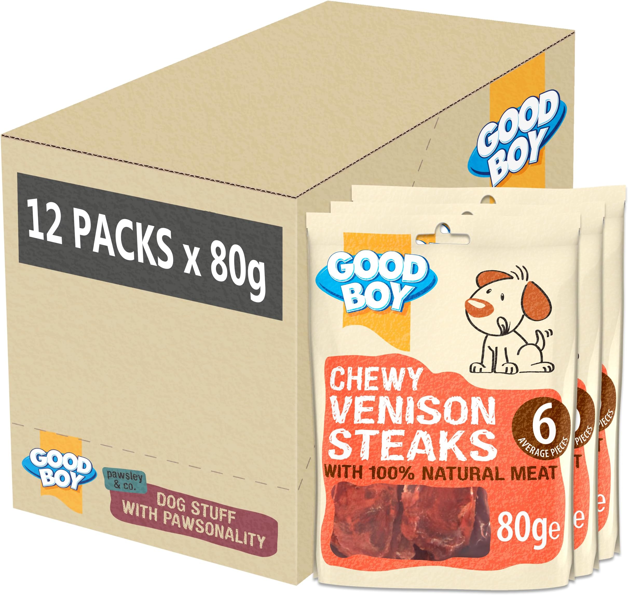 Chewy Venison Steaks - Dog Treats - Made with Natural Venison - Gluten Free Dog Treats - 80 g (Pack of 12)