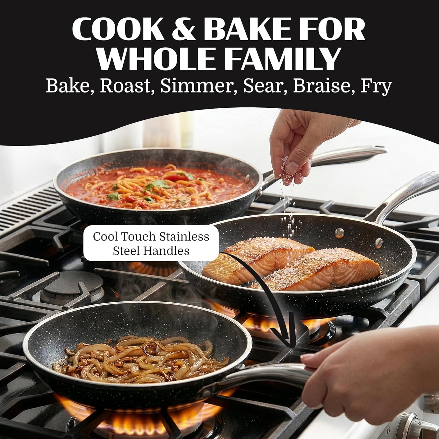 Granitestone Ceramic Nonstick Frying Pan Set 3pc 8/10/12 inch, Non Toxic Skillet Set, Induction Compatible, PFOA Free, Oven & Dishwasher Safe - Black - Image 6