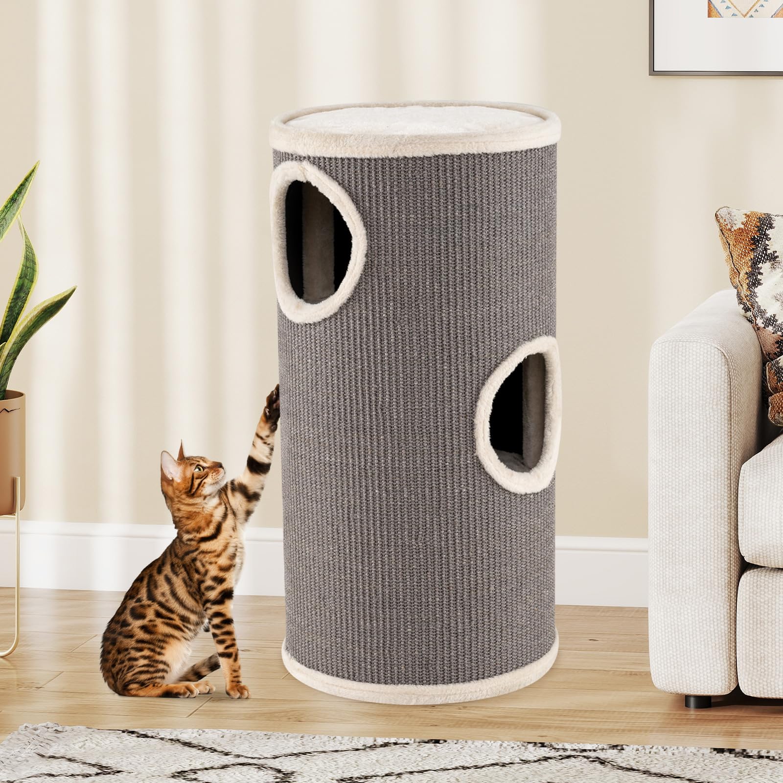 GYMAX Tonneau à Gratter pour Chat 70cm avec 3 Cachettes, Tour à Griffer Chat avec Perchoir en Peluche, Griffoir en Sisal, Entrées, Meuble Colonne Multi-Niveaux pour Chatons, Ø 36 cm