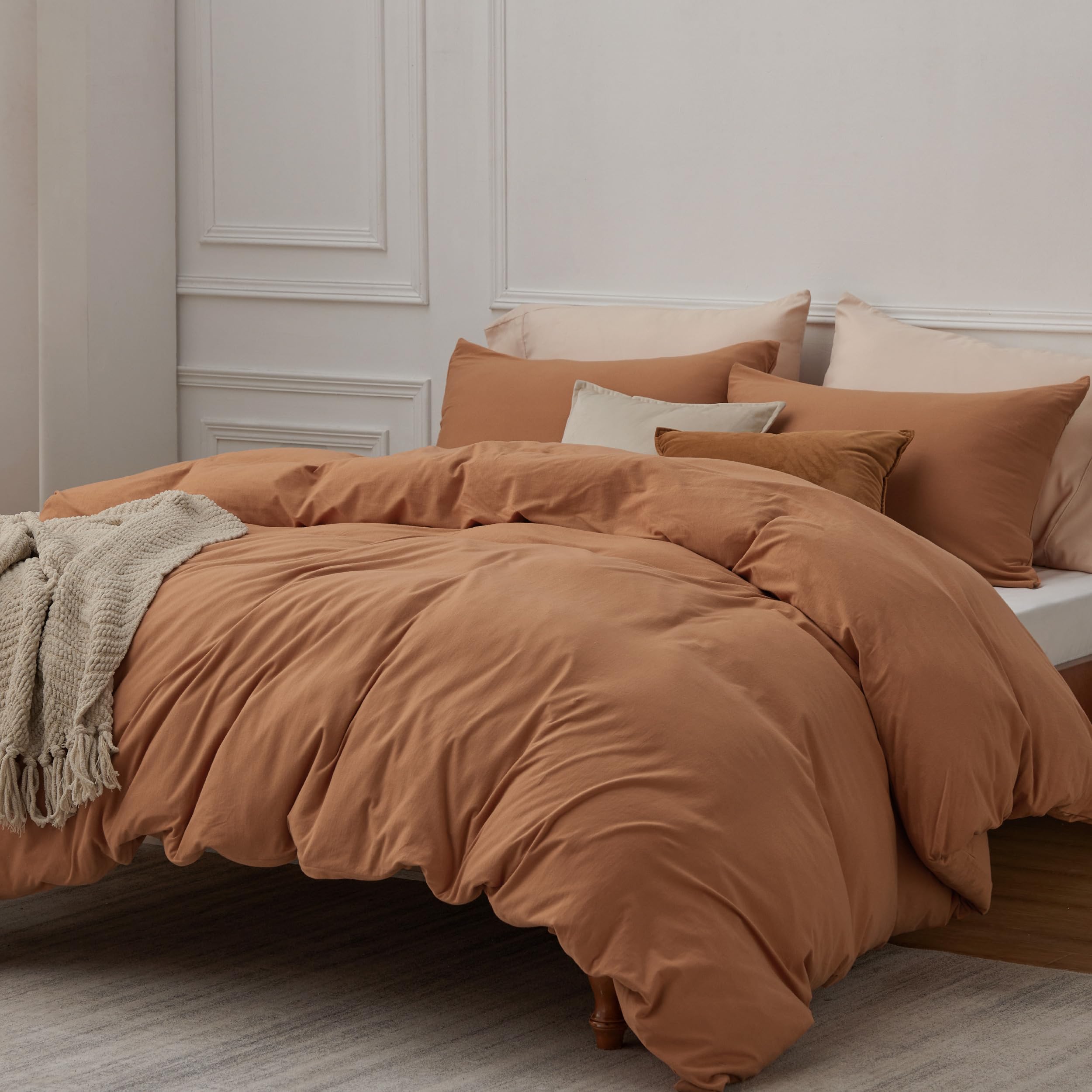 Bedsure 100% Jersey Knit Cotton Duvet Cover, Ultra Soft T-Shirt Cotton Comforter Cover King Size, Zipper Closure, 1 Duvet Cover 104x90 Inches and 2 Pillowcases (Caramel Pumpkin)
