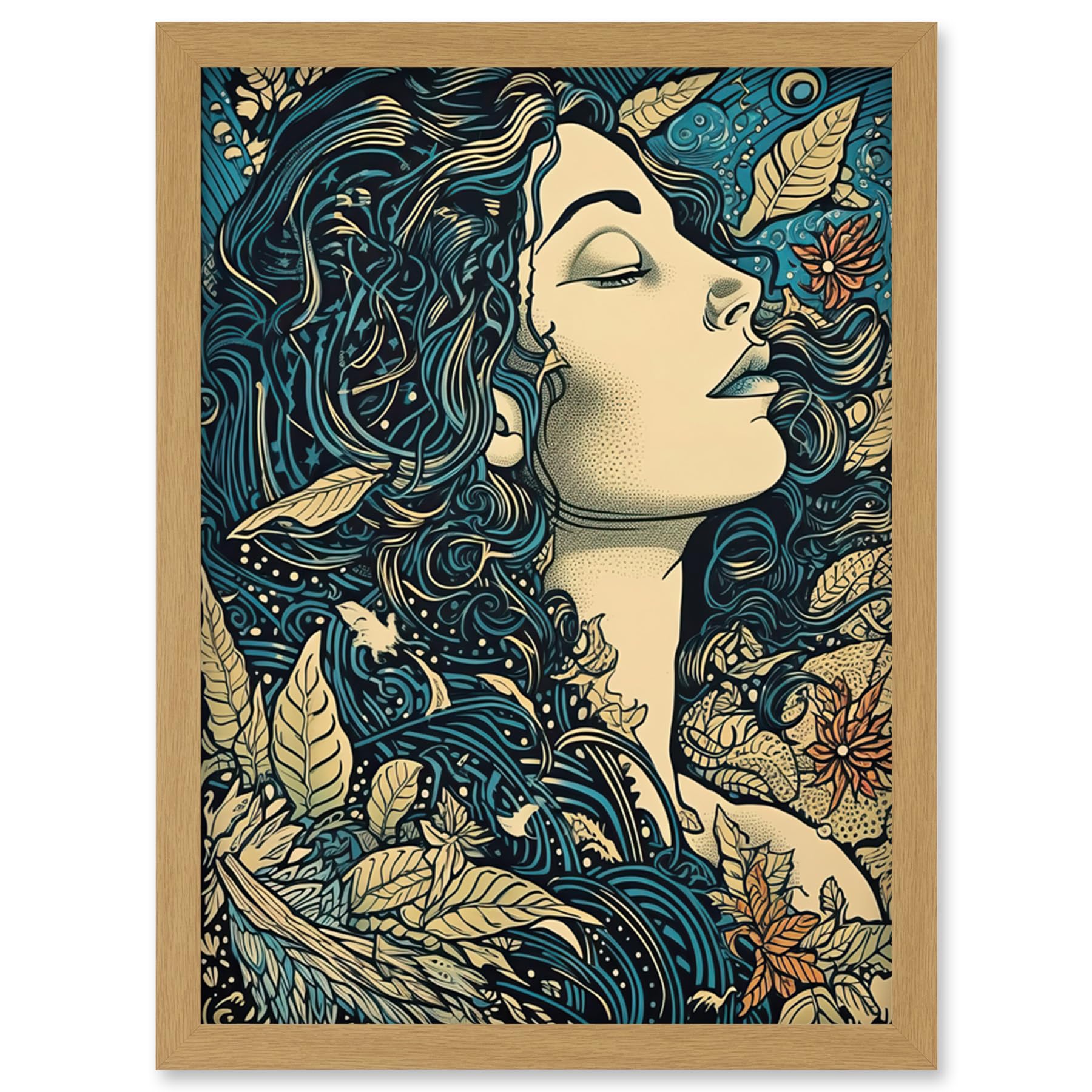 Artery8 Mother Nature Modern Boho Art Nouveau Linocut Artwork Framed Wall Art Print A4