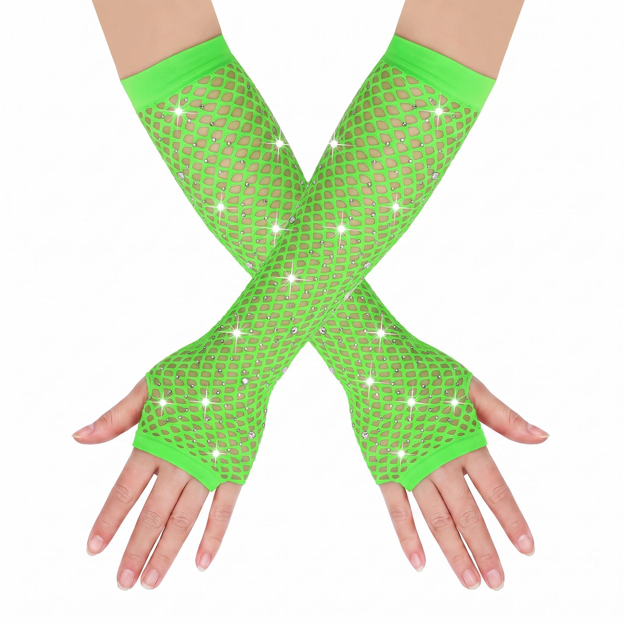 FEWOFJ Rhinestone Fingerless Fishnet Gloves 80s Costume Halloween for Women Green