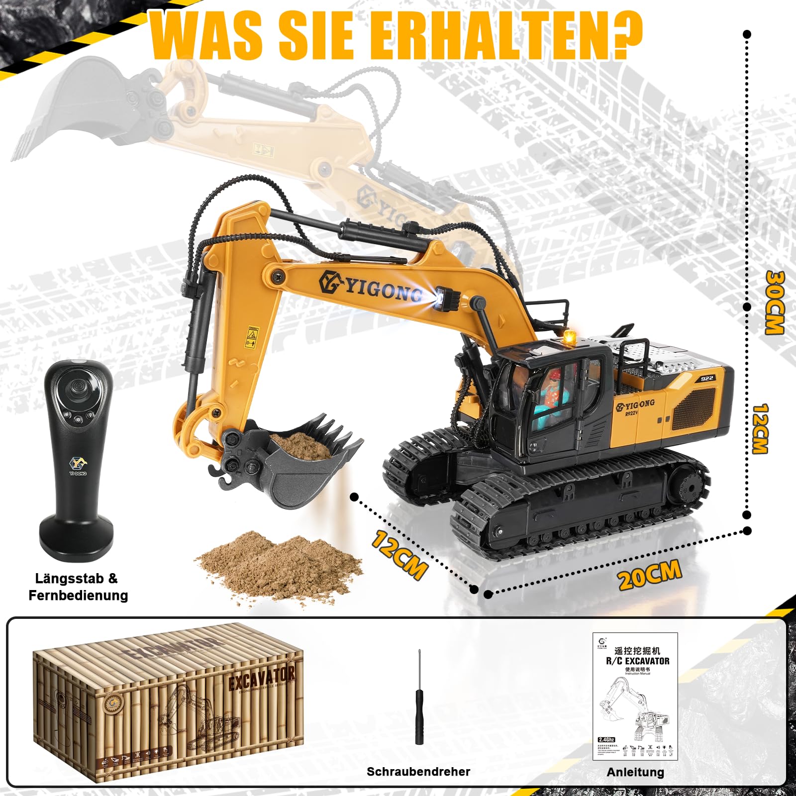 Ferngesteuertes Bagger Spielzeug für Kinder ab 4 5 6 7 8 9 Jahre, 2,4 GHz Schwerkraft Gesteuerte Bagger Ferngesteuert mit Licht und Sound, 11 CH RC Spielzeugautos Geschenk für Junge 5-12 Jahre Alt