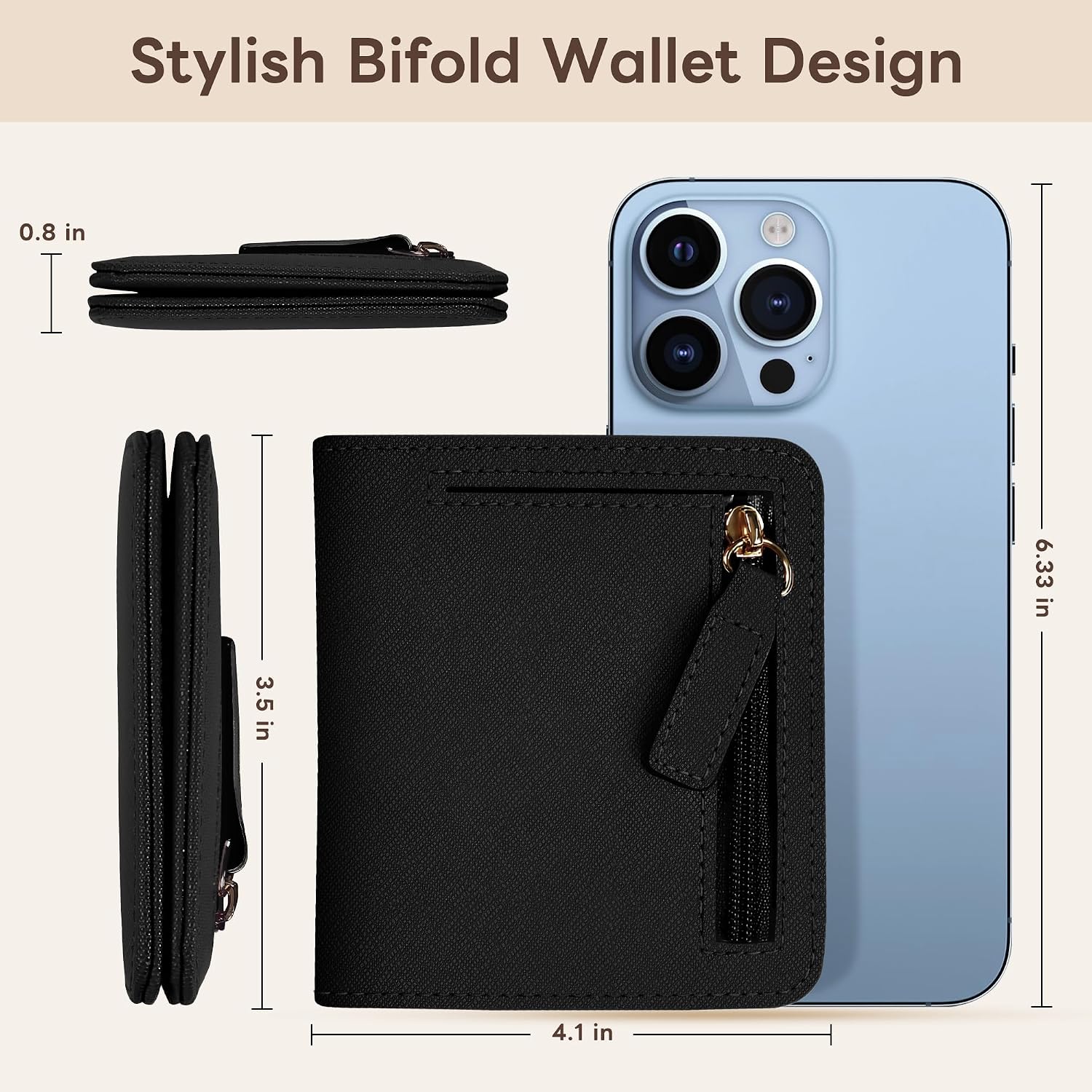 Small Wallet Women RFID Blocking Leather Bifold Compact Card Holder Wallet for Women With Zipper Coin Pocket ID Window (Cross Black) image 2
