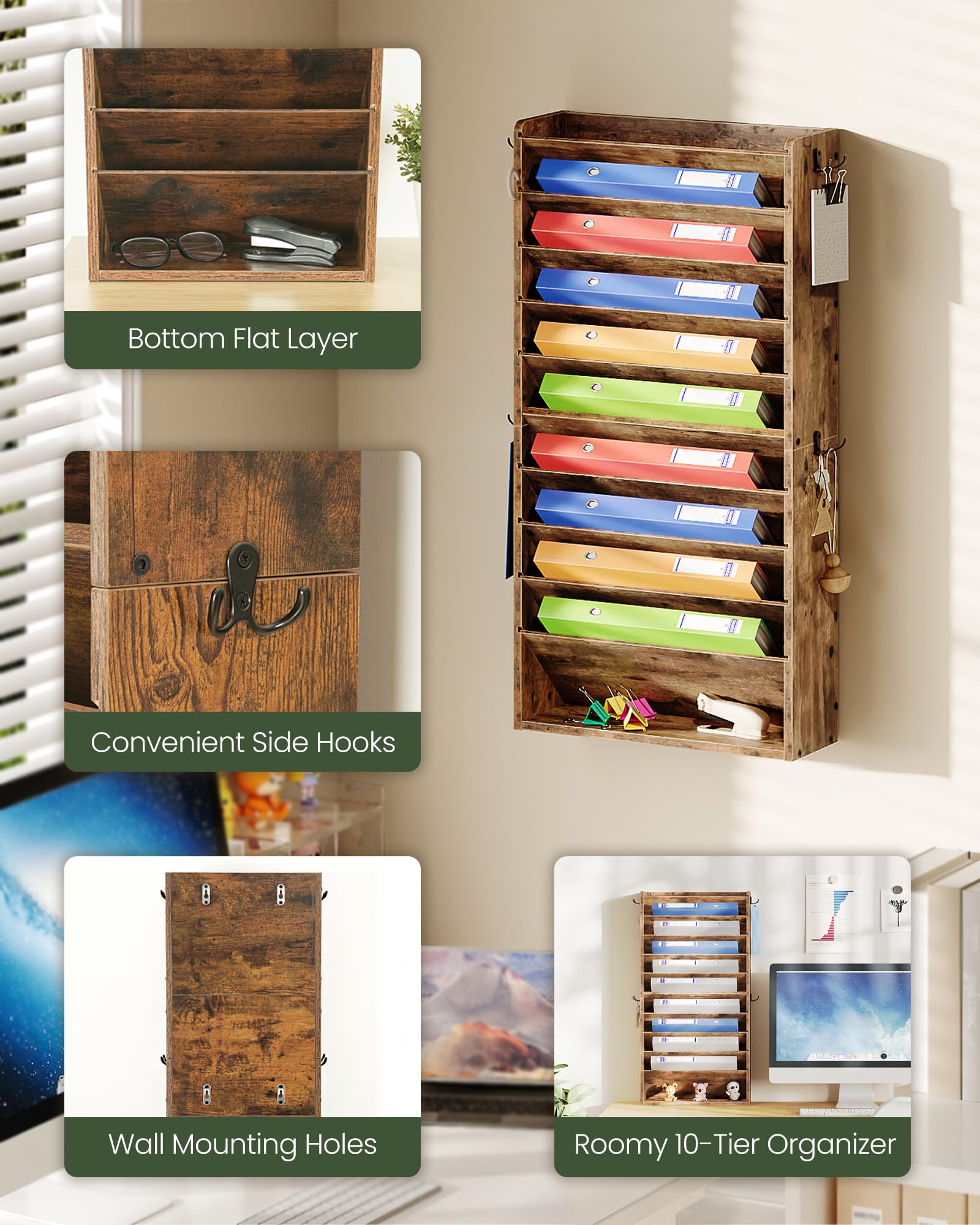 CHOEZON Organiseur mural à 10 niveaux, organiseur de courrier suspendu, porte-fichiers avec 4 crochets latéraux, organiseur de courrier industriel et de rangement, support vertical en bois pour bureau