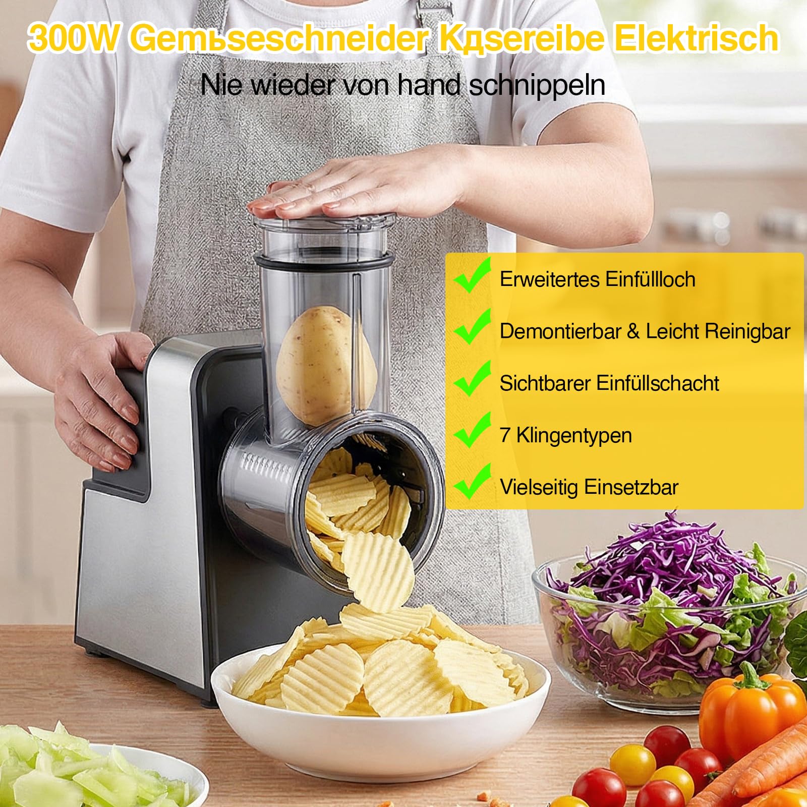 Gemüseschneider Elektrisch, Elektrische Käsereibe mit 7 Edelstahlklingen, 300W Reibe für Obst und Gemüse, zum Schneiden, Raspeln und Zerkleinern von Gemüse, für Gemüse, Obst, Nüsse & Käs