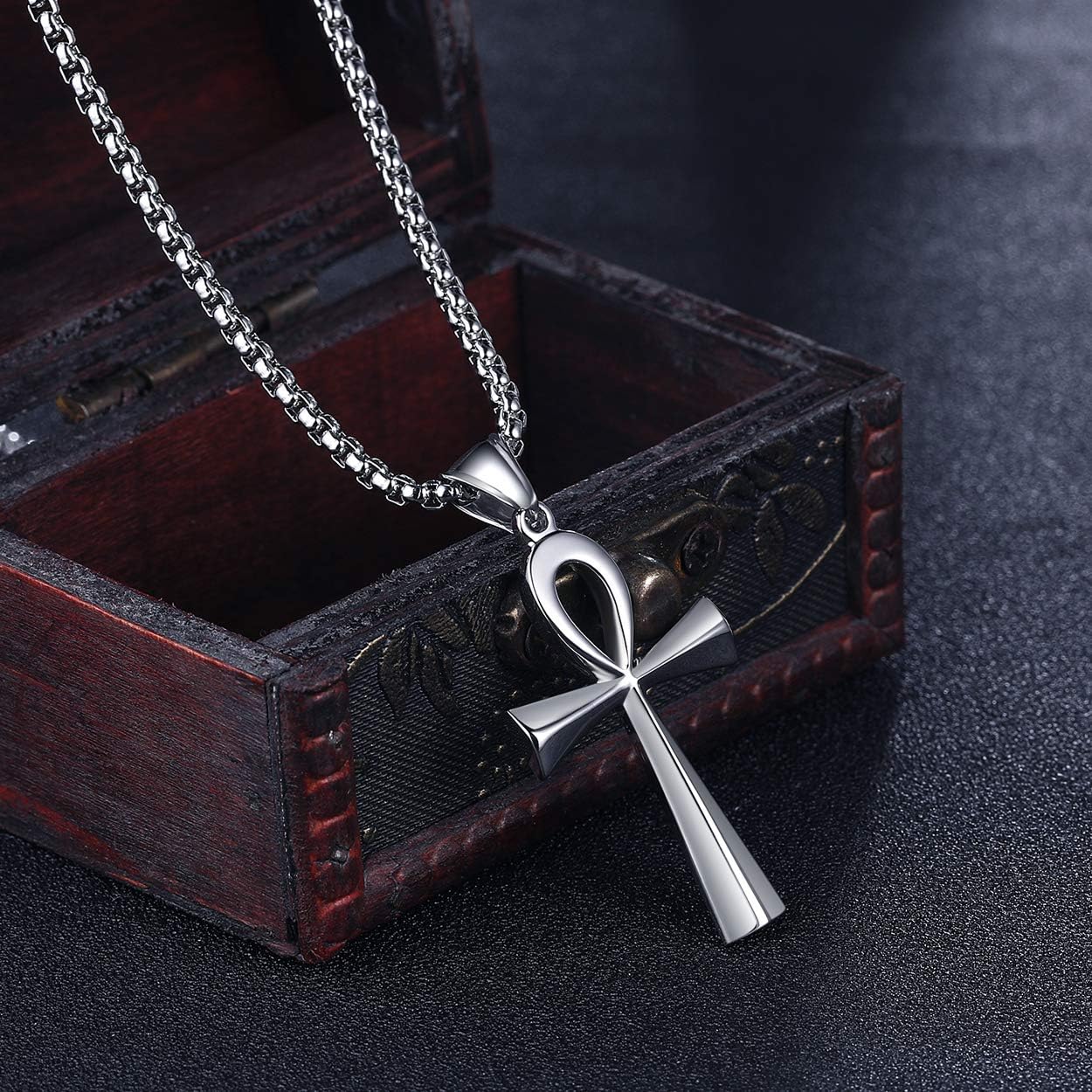 Rehoboth Stainless Steel Ancient Egyptian Coptic Ankh Cross Pendant Necklace for Womens Mens 24 Inch Chain Black Gold Silver - Image 2