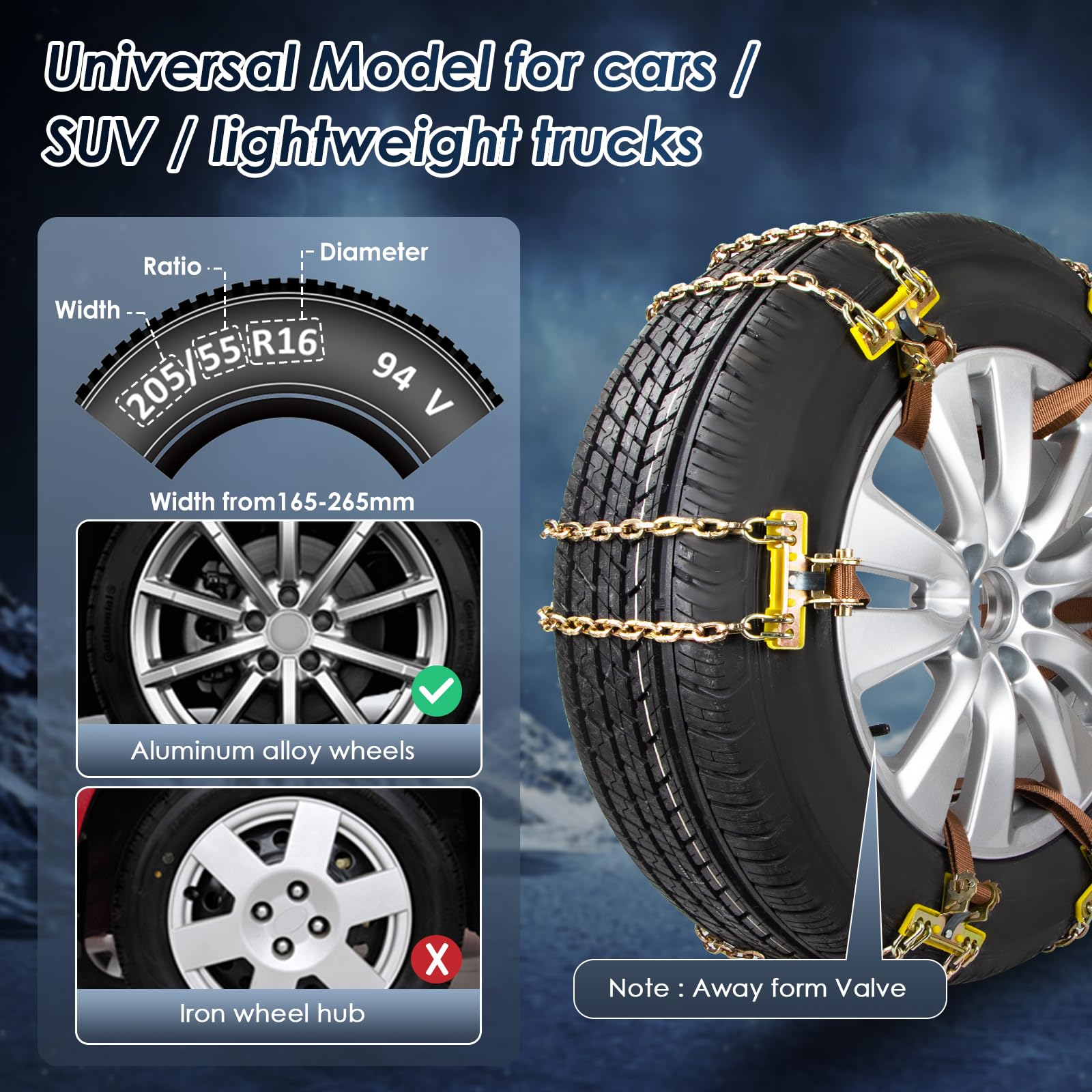 Cadenas para Nieve - Juego de 6 Ajustables y Resistentes Con Pala de Plástico y Guantes - Para Coches, Camiones, SUV - Ancho 165-265 mm