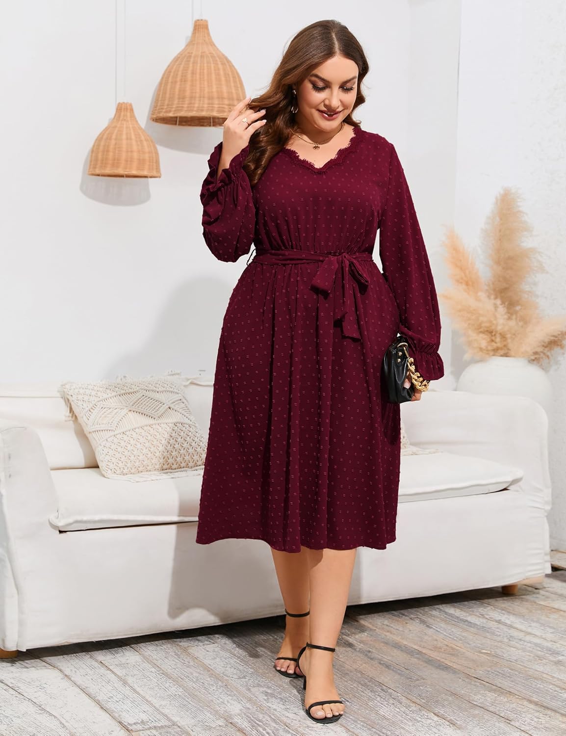 ShopWonder Plus Size Womens V Neck Long Sleeve Swiss Dot Boho Dress Empire Waist Ruffle Flowy A Line Midi Dress - Image 2