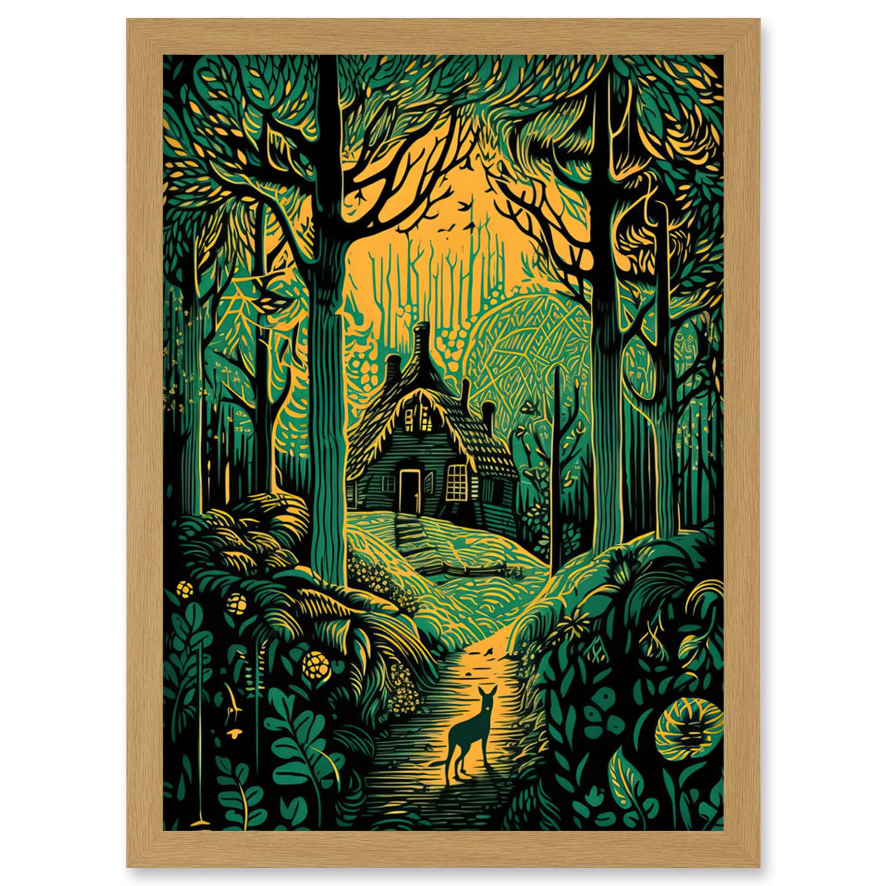 Artery8 Framed Wall Art Print - Cabin Hut in the Forest - Green and Orange Linocut - A4 Size - Light Oak Frame