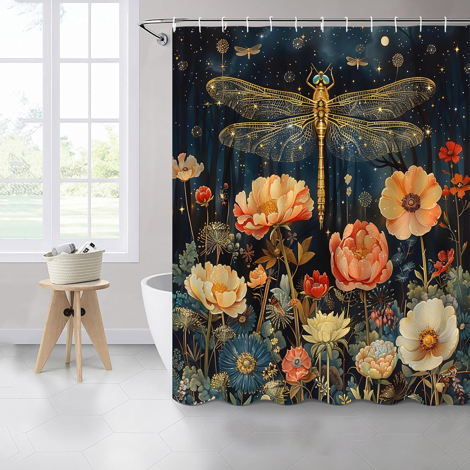 Dragonfly Shower Curtains Spring Floral Plant Outdoor Night View Wild Plant Flowers Insects Animals Pattern Bathroom Decor Polyester Fabric Bathtub Curtain Set 106 x 70 Inch with Hooks
