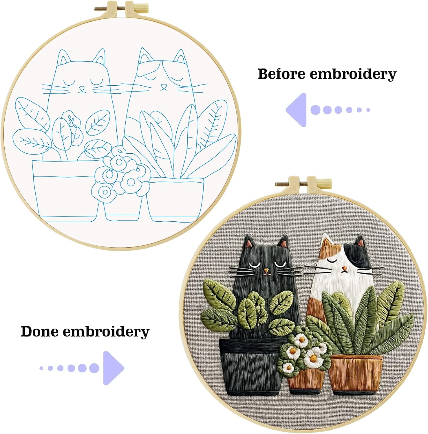 Cute Cat, Plants Patterns Embroidery Kits for Beginners,Adults Starter Cross Stitch Kit with Funny Animal Pattern,DIY Needlepoint Everything is Fine,Step by Step Instructions and Video Tutorial