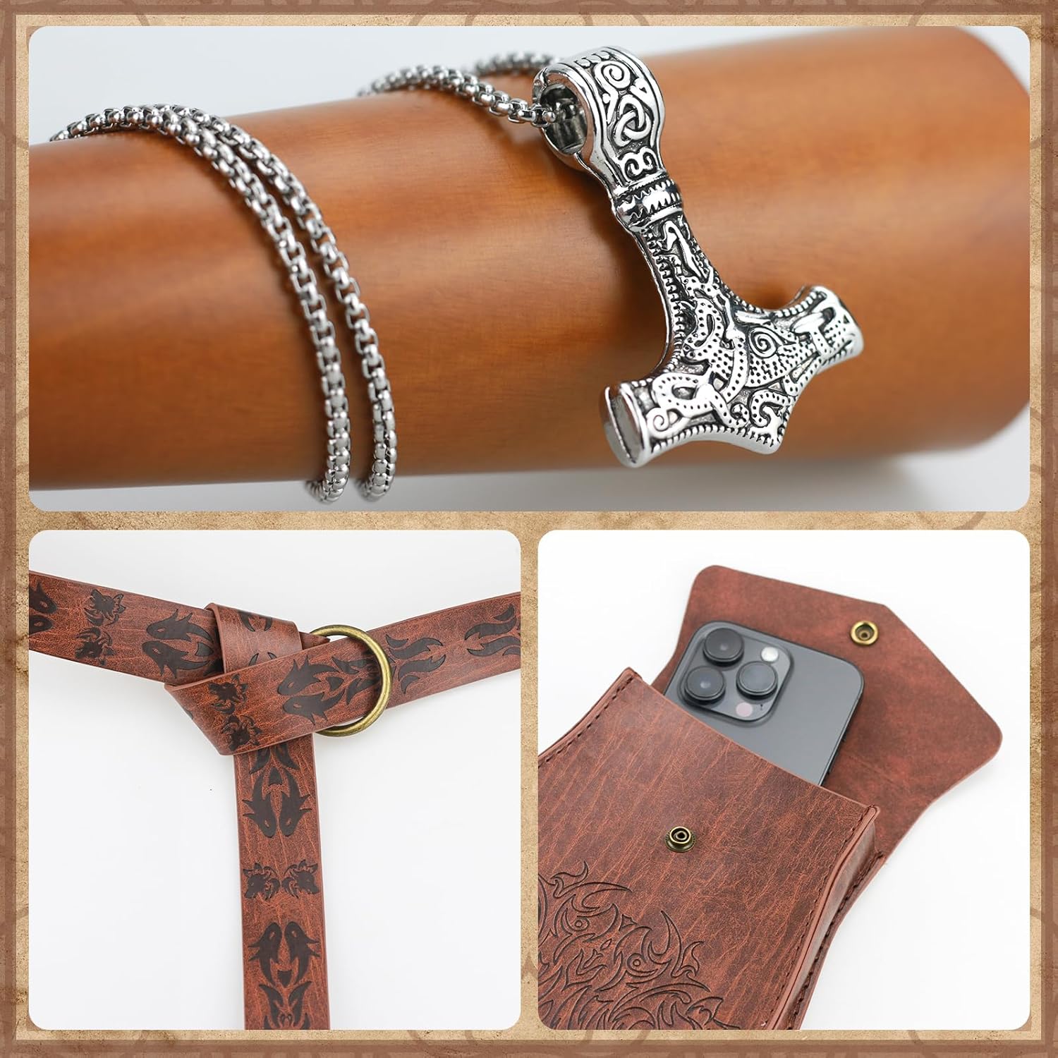 4 PCS Renaissance Accessories, Medieval Viking Belt Faux Leather Belt Pouch Vintage Buckle Arm Bracers and Thors Hammer Necklace Viking Costume Set for Halloween and Cosplay - Image 4