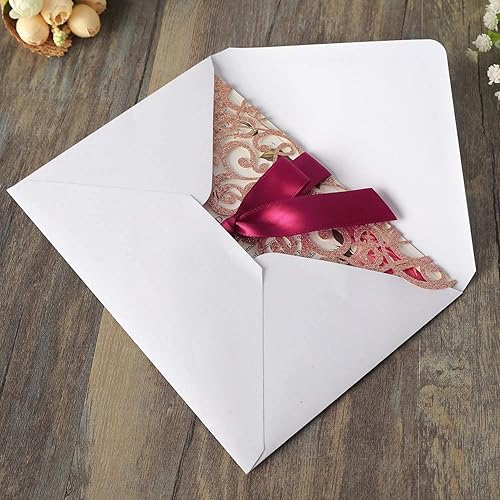 Miniatura 6 de Hosmsua 50 tarjetas de invitación personalizadas cortadas con láser con lazo borgoña y sobres de 5.12 x 7.3 pulgadas, invitaciones de boda de flora