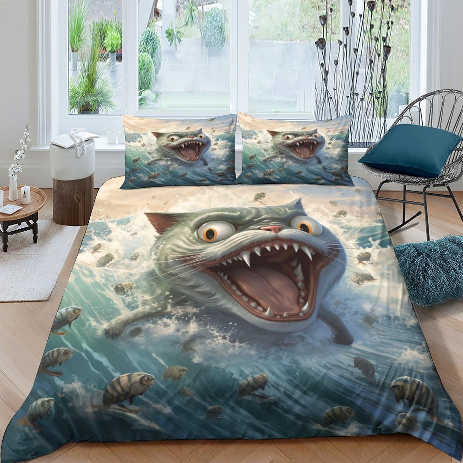 Parure de lit chat 3D king 220x240 cm en microfibre avec housse de couette et taies d'oreiller