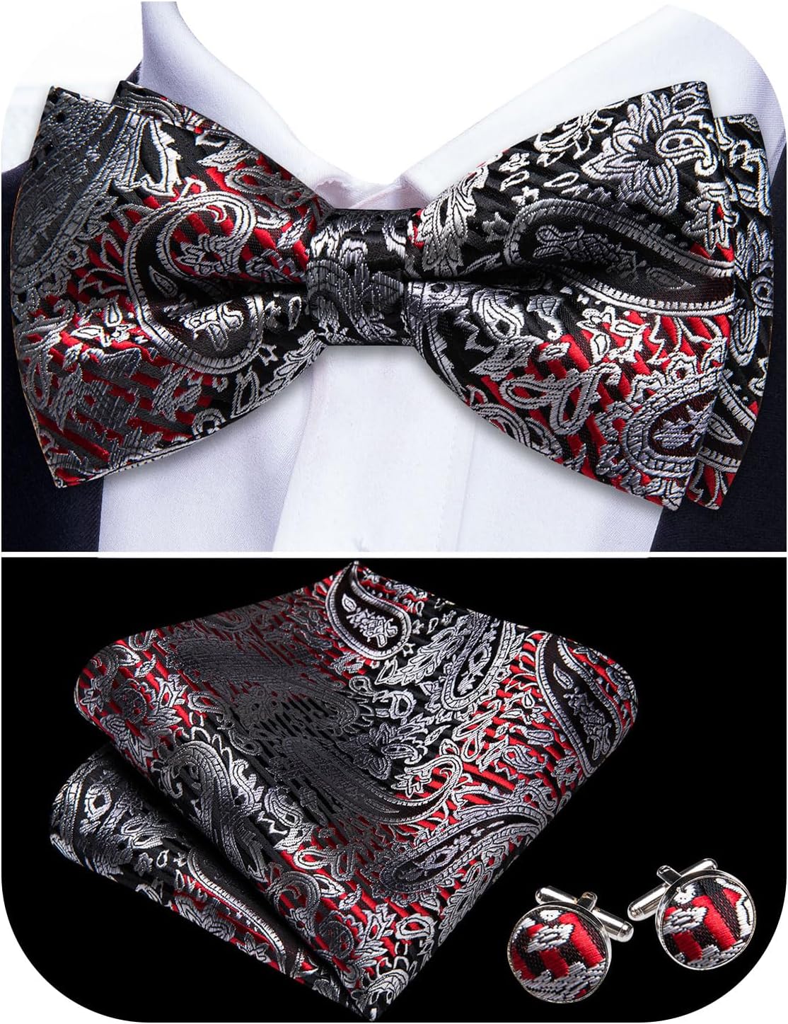 Barry.Wang Men's Paisley Striped Silk Pre-Tied Bow Tie Set with Pocket Square & Cufflinks - Wedding Prom Formal