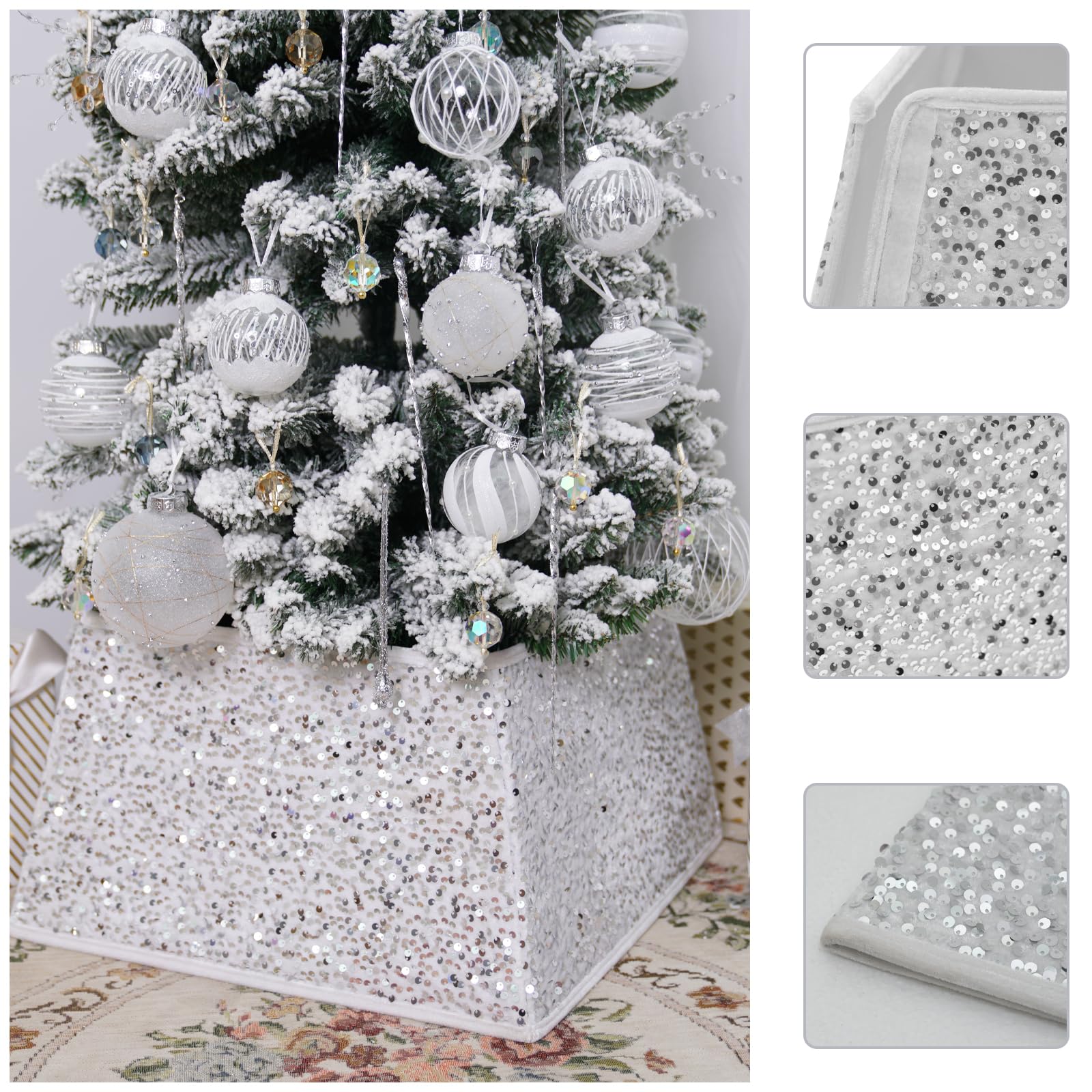 Transforma tu árbol de Navidad con la falda de árbol de lentejuelas brillantes de Sunshine – Tamaño pequeño de 24 pulgadas, collar de árbol de Navidad para decoración del hogar (blanco)