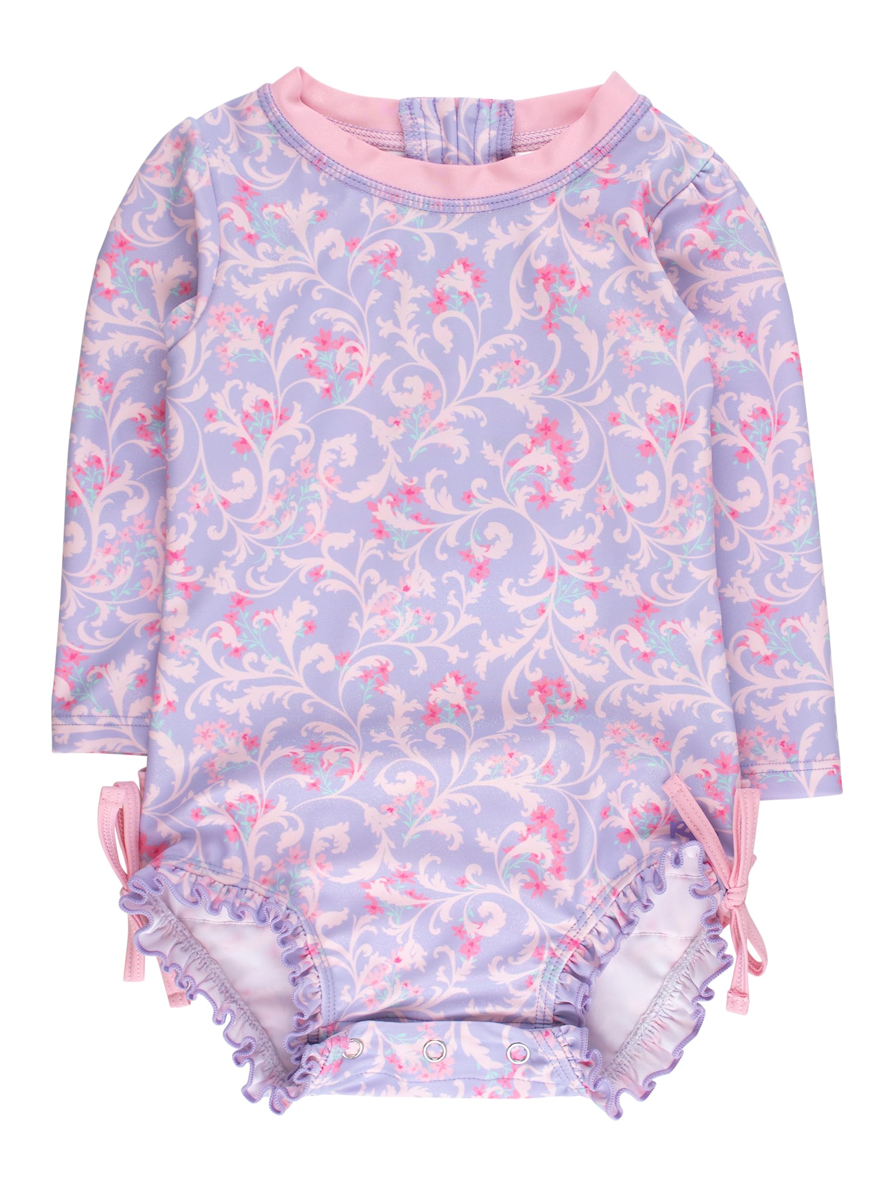 RuffleButts Baby Girls Novelty Baby One Piece - Rash Guard Swimsuit | 80% Nylon 20% Spandex, UPF 50+, Lightweight, Medium Stretch, Full Seat Coverage, Bottom Snaps, Unlined, Infant Beach Swim