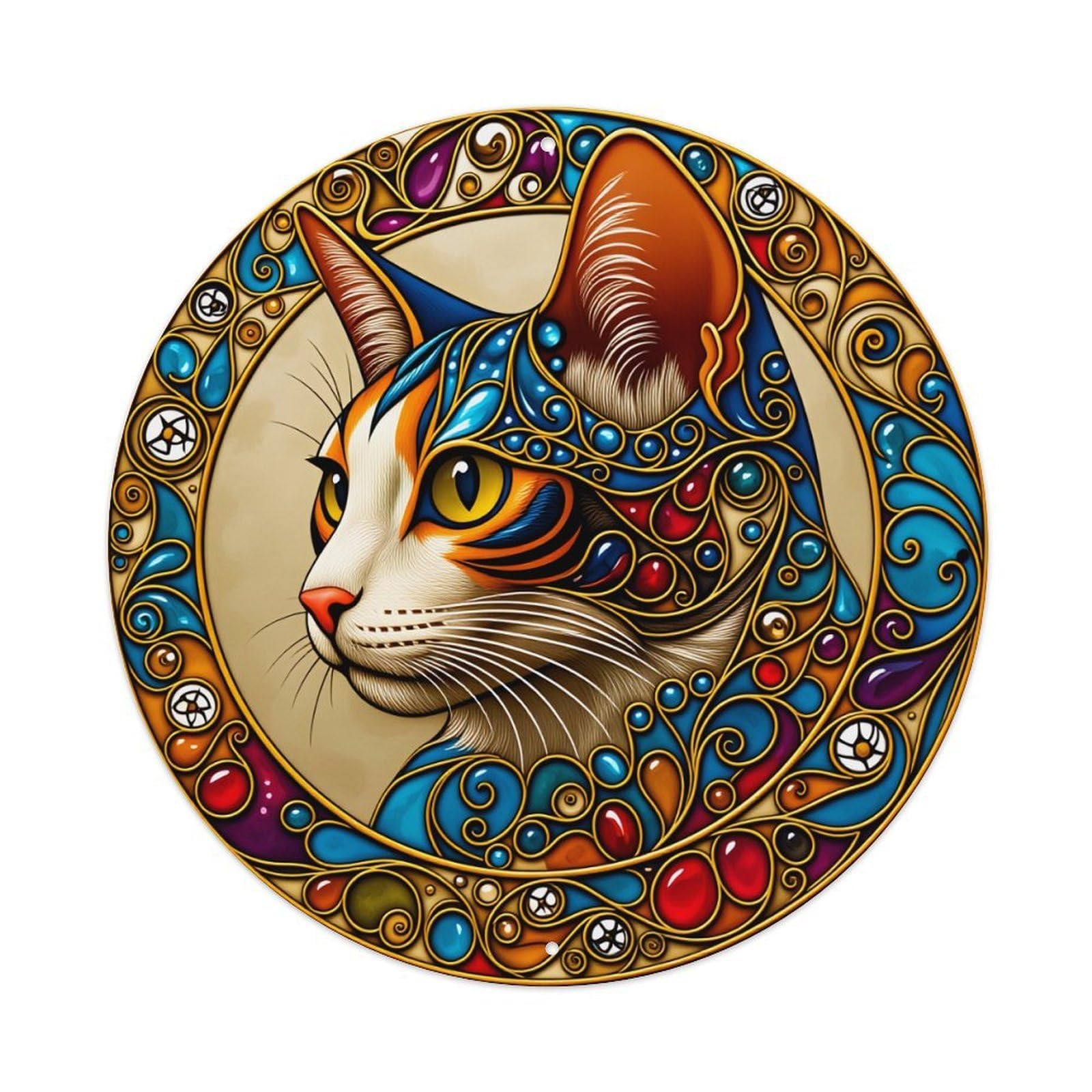Artistic Cat Stained Glass Pattern Round Tin Sign Vintage Style Metal Sign Home Bar Garden Wall Plaque Decor Metal Poster 8x8 Inch