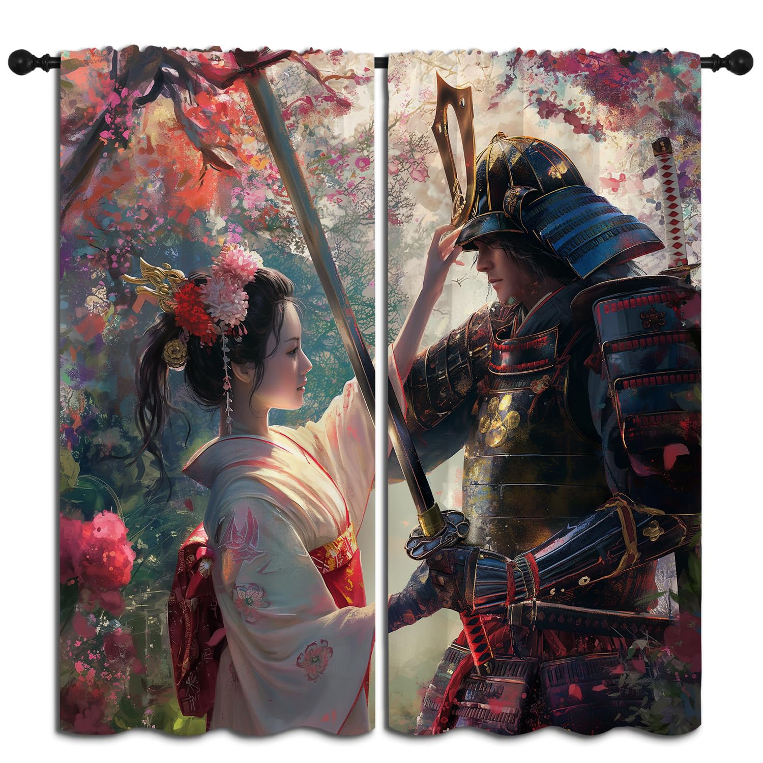 BAIGEZHU Japanese Samurai Boy Girls Blackout Curtains,Asian Cool Style Cherry Blossoms Geisha, 2 Panel Rod Pocket Thermal Insulated Drapes for Bedroom