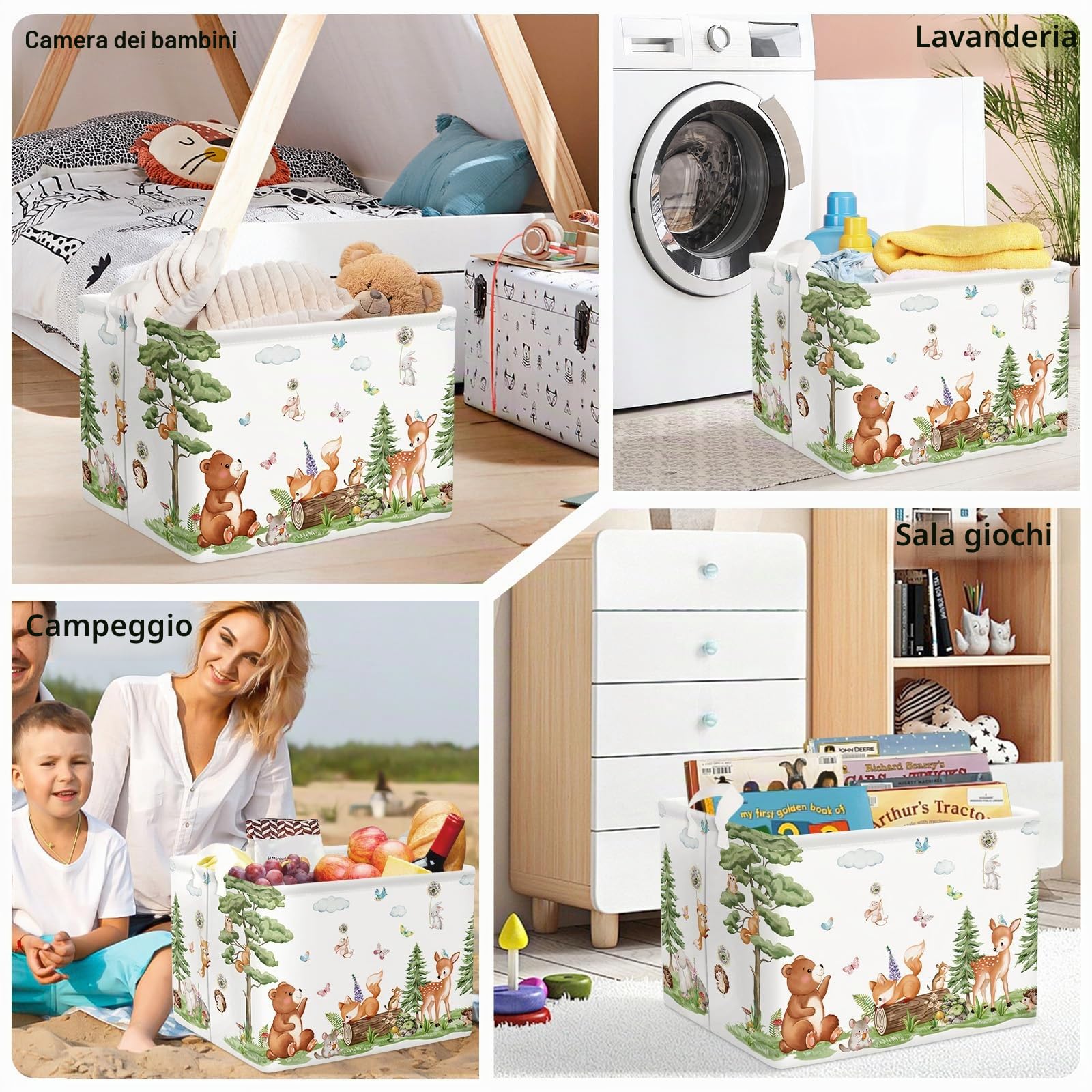 Grande Cesta Porta Biancheria Bambini Animali Foresta Orso Volpe Pieghevole Cestini Portaoggetti Giocattoli Vestiti per Bagno Cameretta, Scoiattoli, 36L