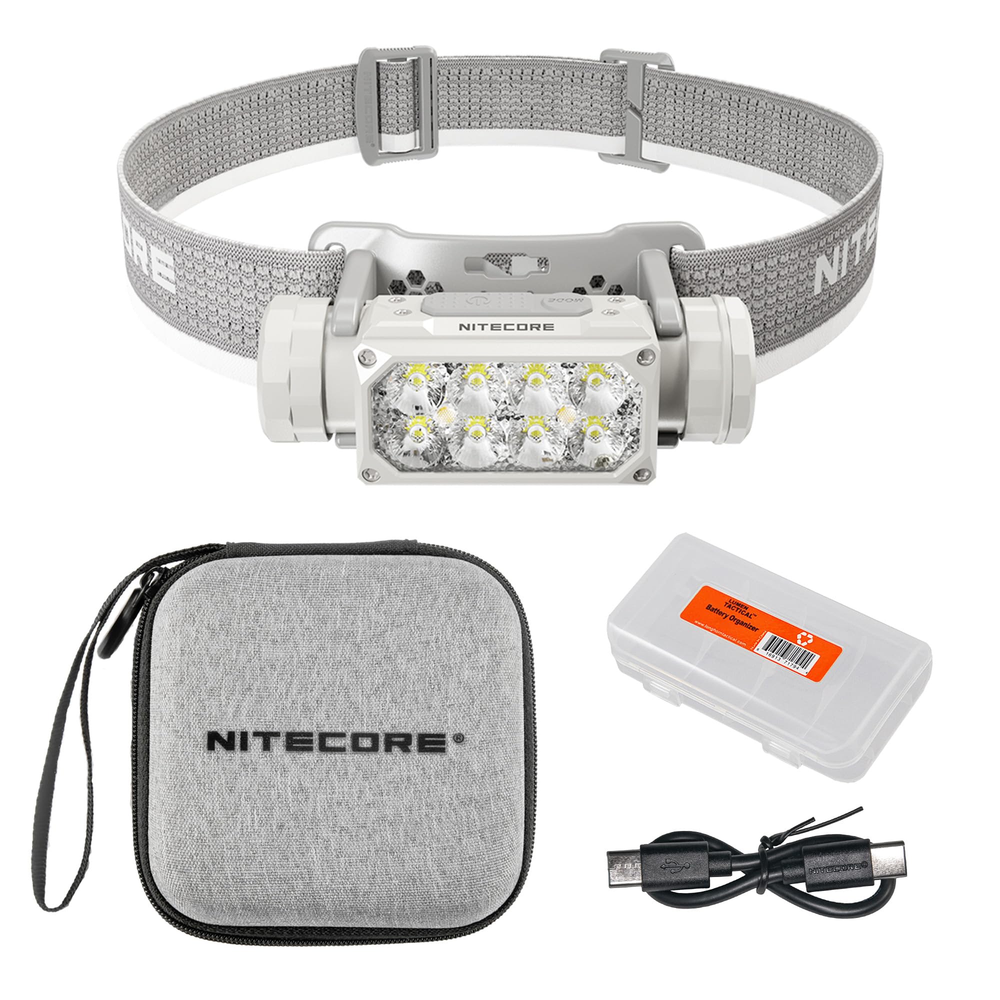 Nitecore HC65 UHE Headlamp, 2000 Lumen Max Heavy Duty Metal, USB-C Rechargeable with White, Red, and Reading Lights for Camping, Hiking, Hunting, and Industrial Works with Organizer (Grey)
