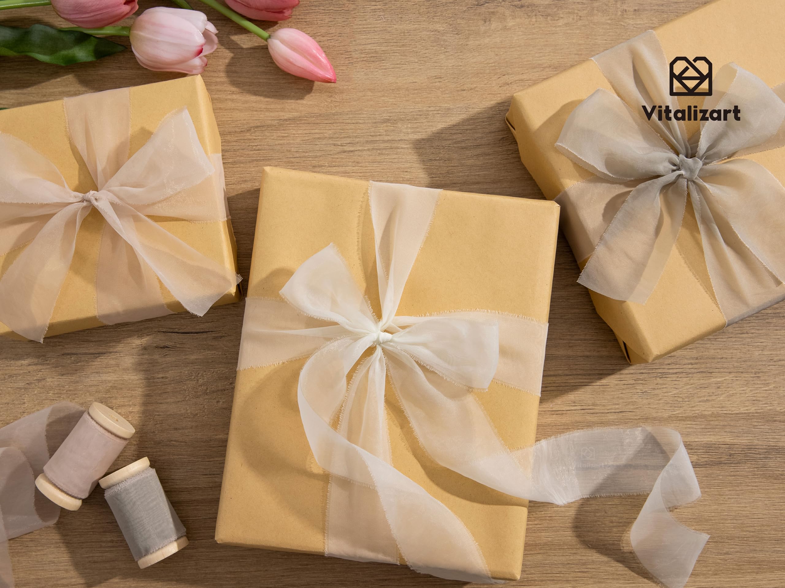 Vitalizart Organza Ribbon Frayed Sheer Organza White Pink Grey Set 1.5" Silk Like Ribbons for Valentines Day Gift Wrapping Craft Flower Bouquet Wedding Invitations Mesh Fabric 15 Yards