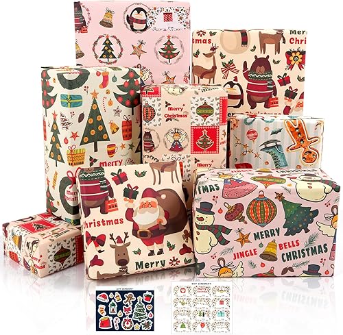 Hojas de papel de regalo de Navidad, papel de estraza reciclado rosa con calcomanías, 6 hojas de papel de regalo de Navidad, surtido de 6 diseños,
