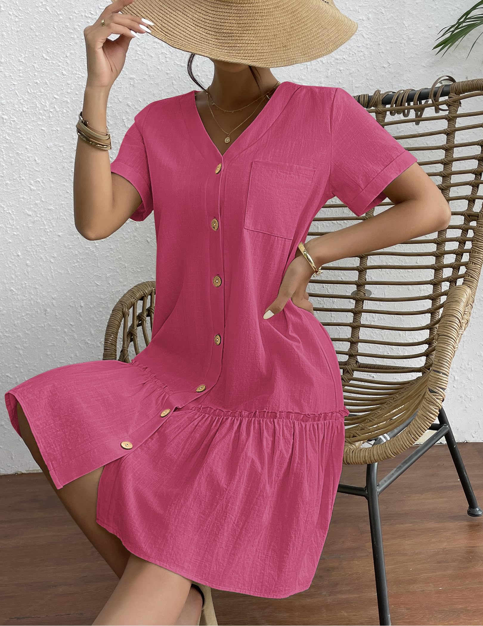 Hotouch Robe d'été boutonnée en lin pour femme - Robe de plage décontractée - Col en V - Mini robe à manches courtes - Robe trapèze - Robe à volants