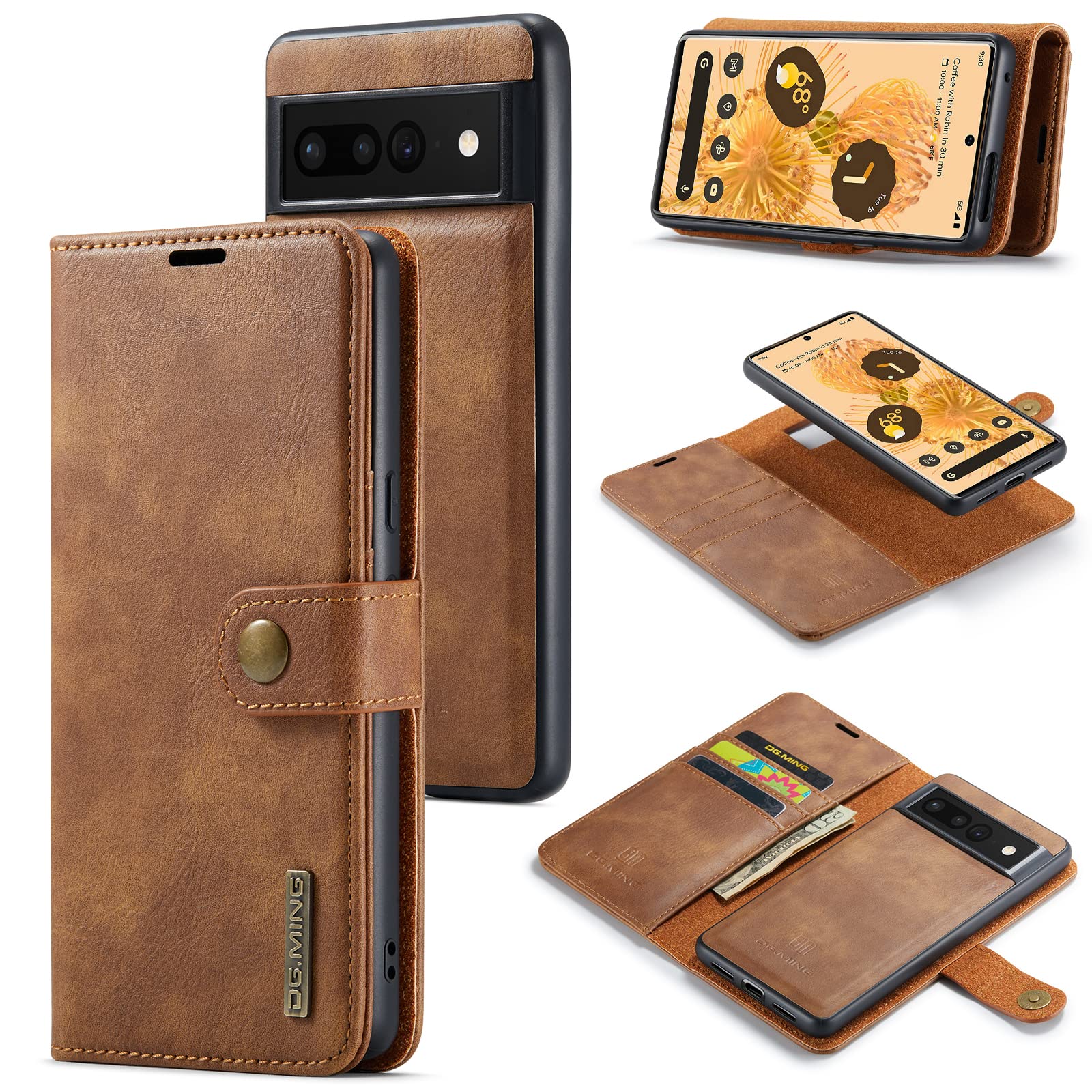 DG.MING for Google Pixel 7 Pro Genuine Leather Wallet Case, Detachable 2 in 1 Split Leather Wallet Phone Cover,Magnetic Pouch Shell,Brown