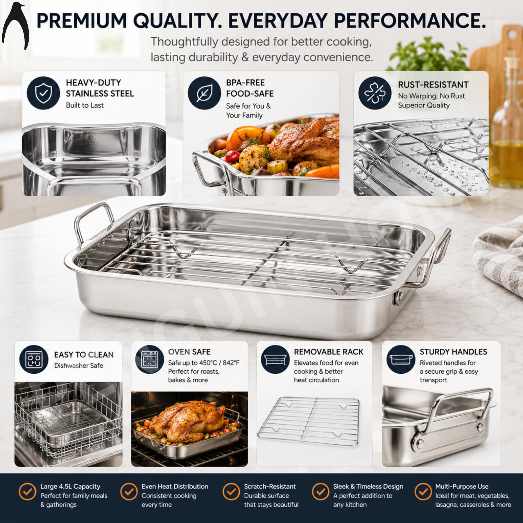 Penguin Home Premium Bräter aus Edelstahl mit Rost - Kompatibel mit allen Herdarten außer Induktion - Stabil und strapazierfähig - Abnehmbarer Grill, Bräter mit Griffen - Groß 37 x 28 cm…