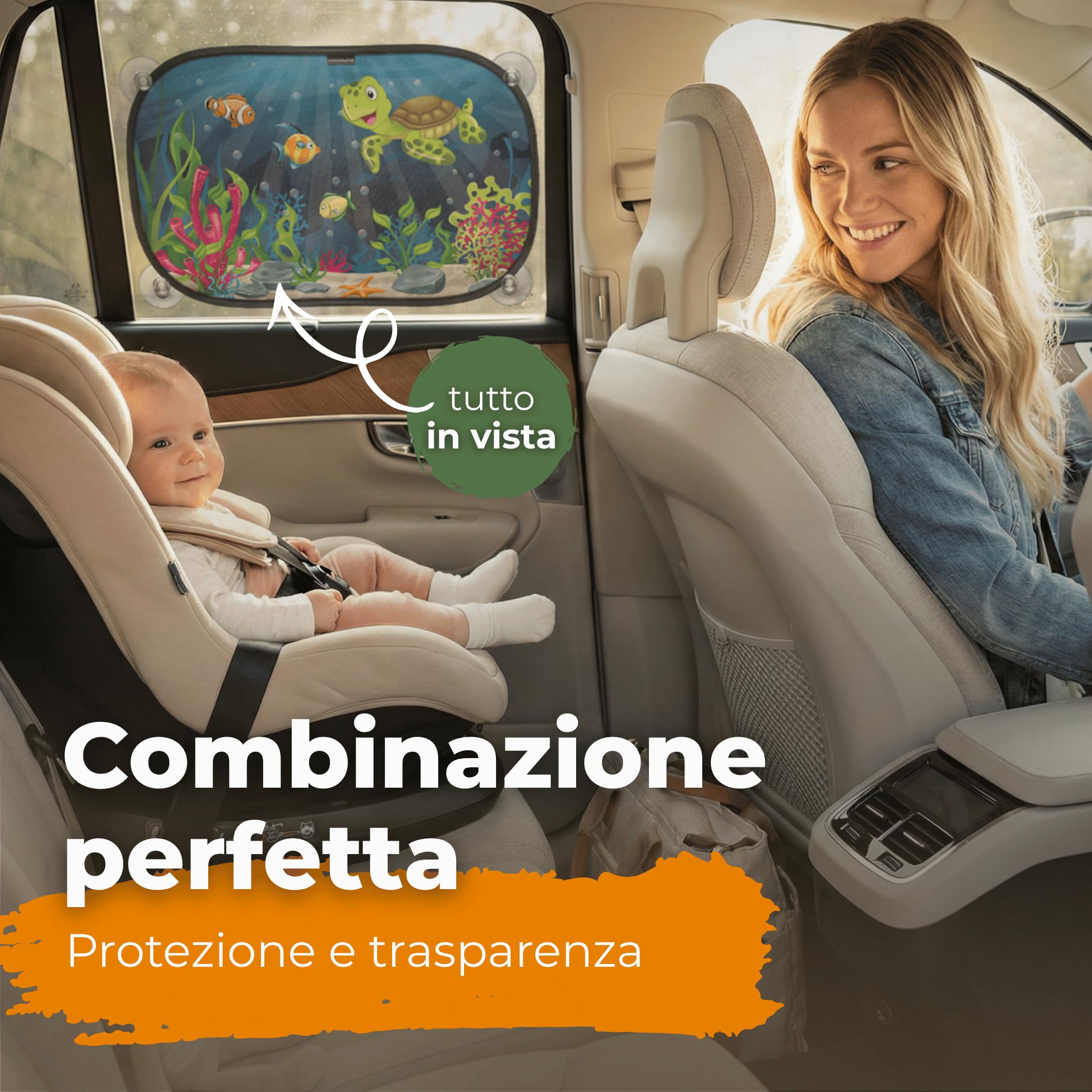 Tendine parasole bambini Buio Ottimale con protezione UV certificata - accessori auto, 2 pezzi 51x31cm, protezione solare raggi UV Design Tartaruga
